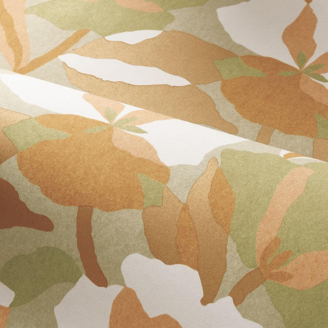 Non-woven wallpaper with a plant motif AMARYLLIS - NUDE/LICHEN pastel green with beige