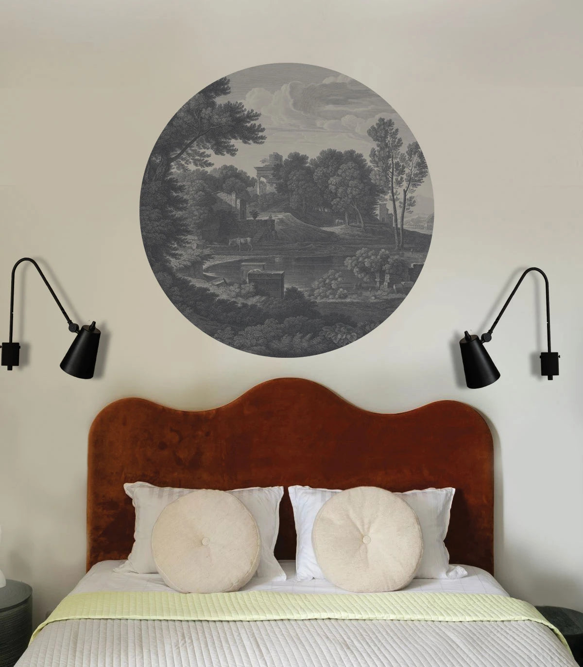 Circular Mural DOTS - ANCIENT RIVERSIDE GROVE black and white