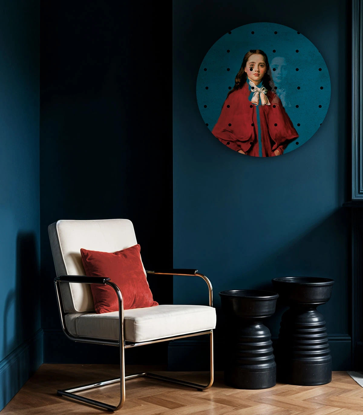 Circular Mural DOTS - GIRL IN RED blue with red