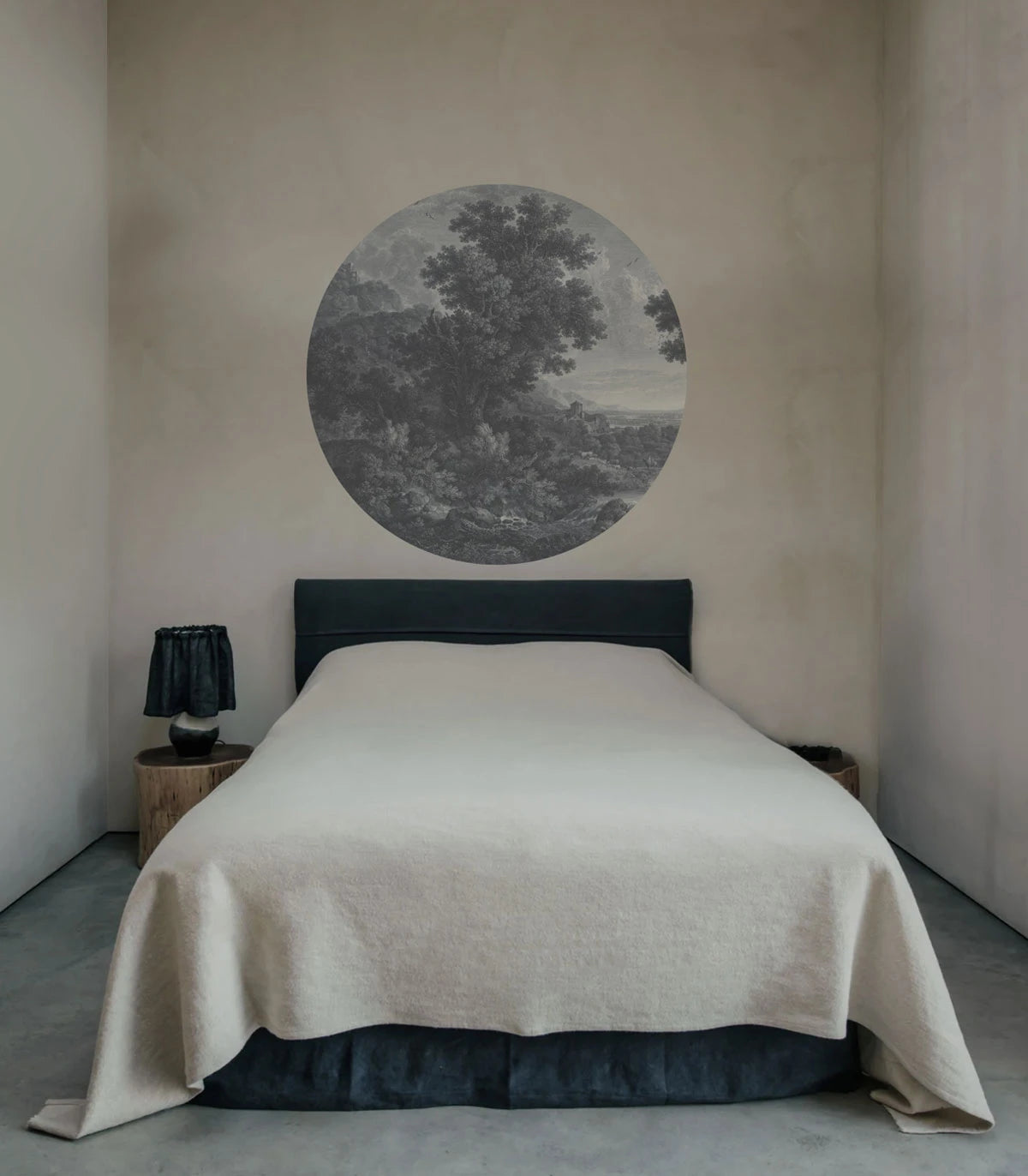 Circle-shaped Mural DOTS - PICTURESQUE VALLEY OF SERENITY gray with blue
