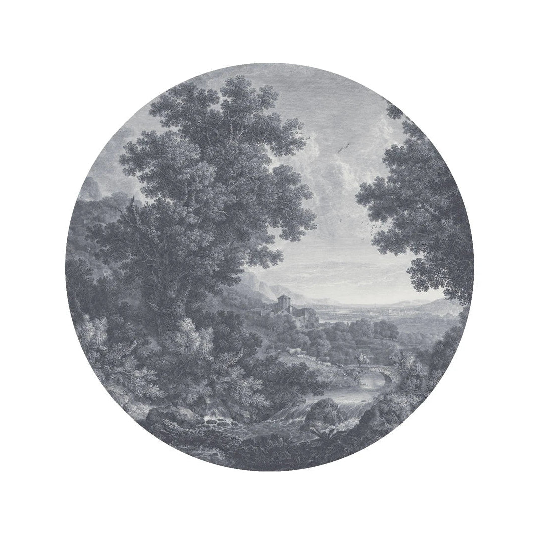 Circle-shaped Mural DOTS - PICTURESQUE VALLEY OF SERENITY gray with blue