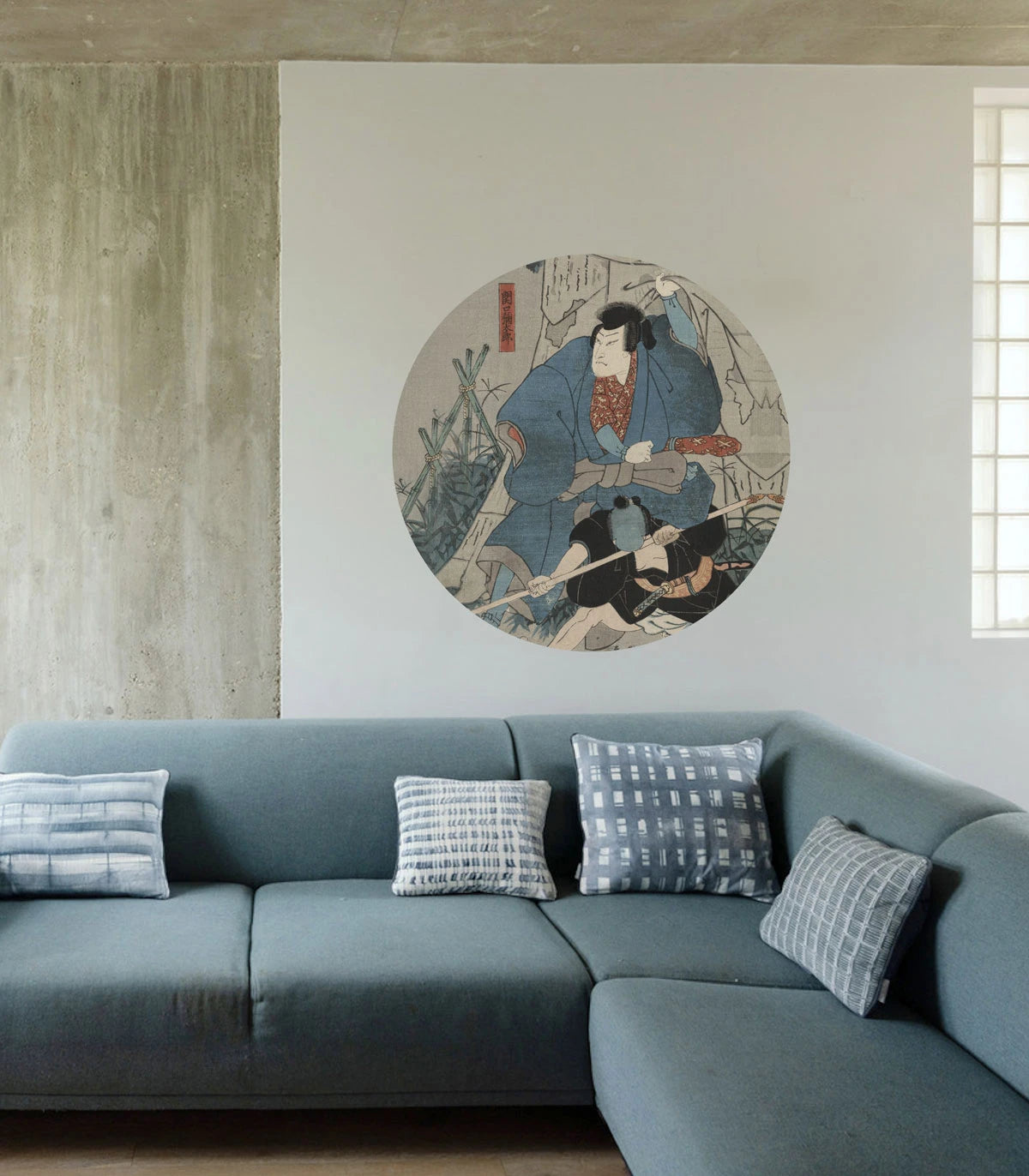 Circle-shaped mural DOTS - SAMURAI SAGA beige with blue