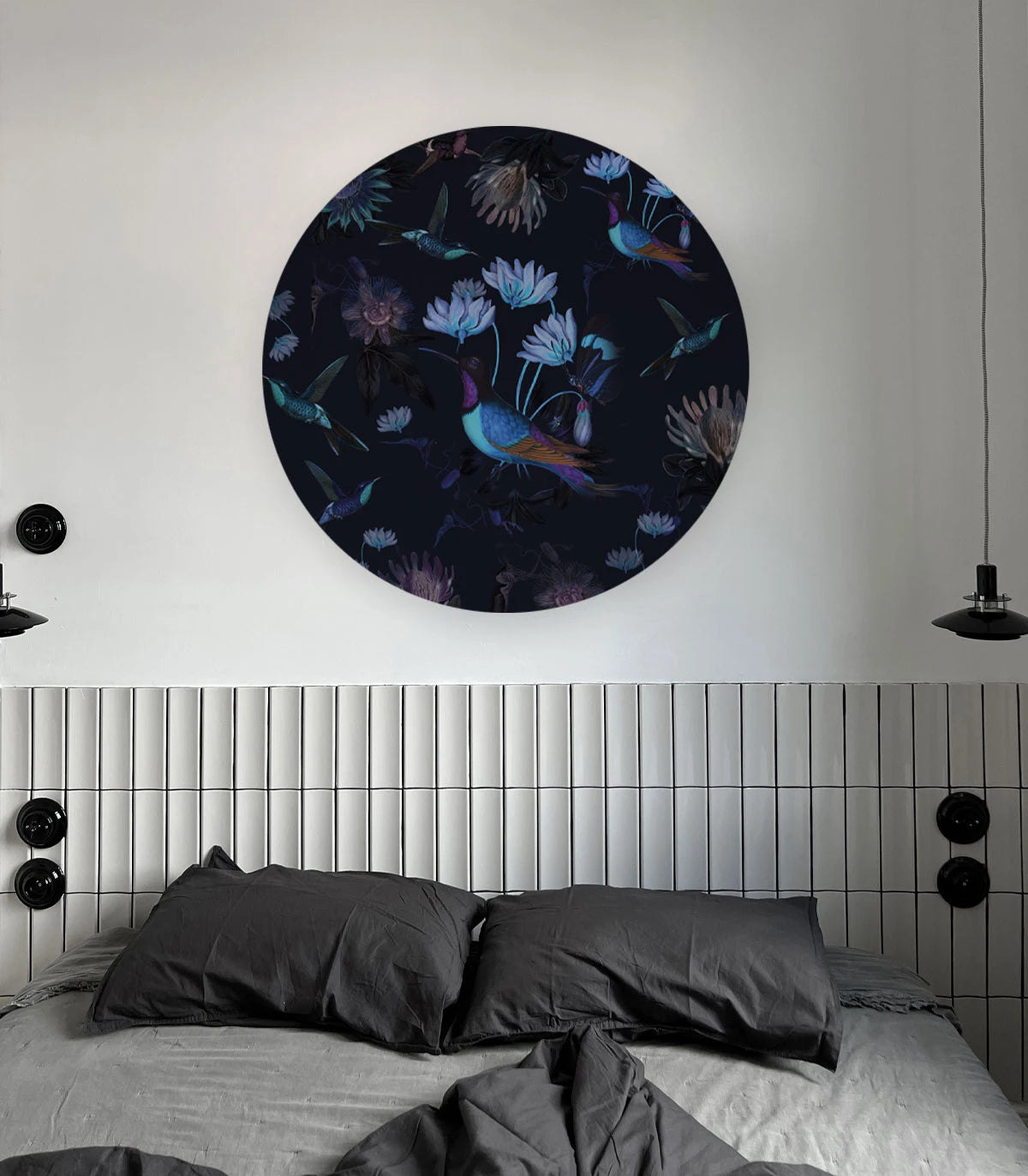Circular Mural DOTS - TOXIC HUMMINGBIRDS black with blue