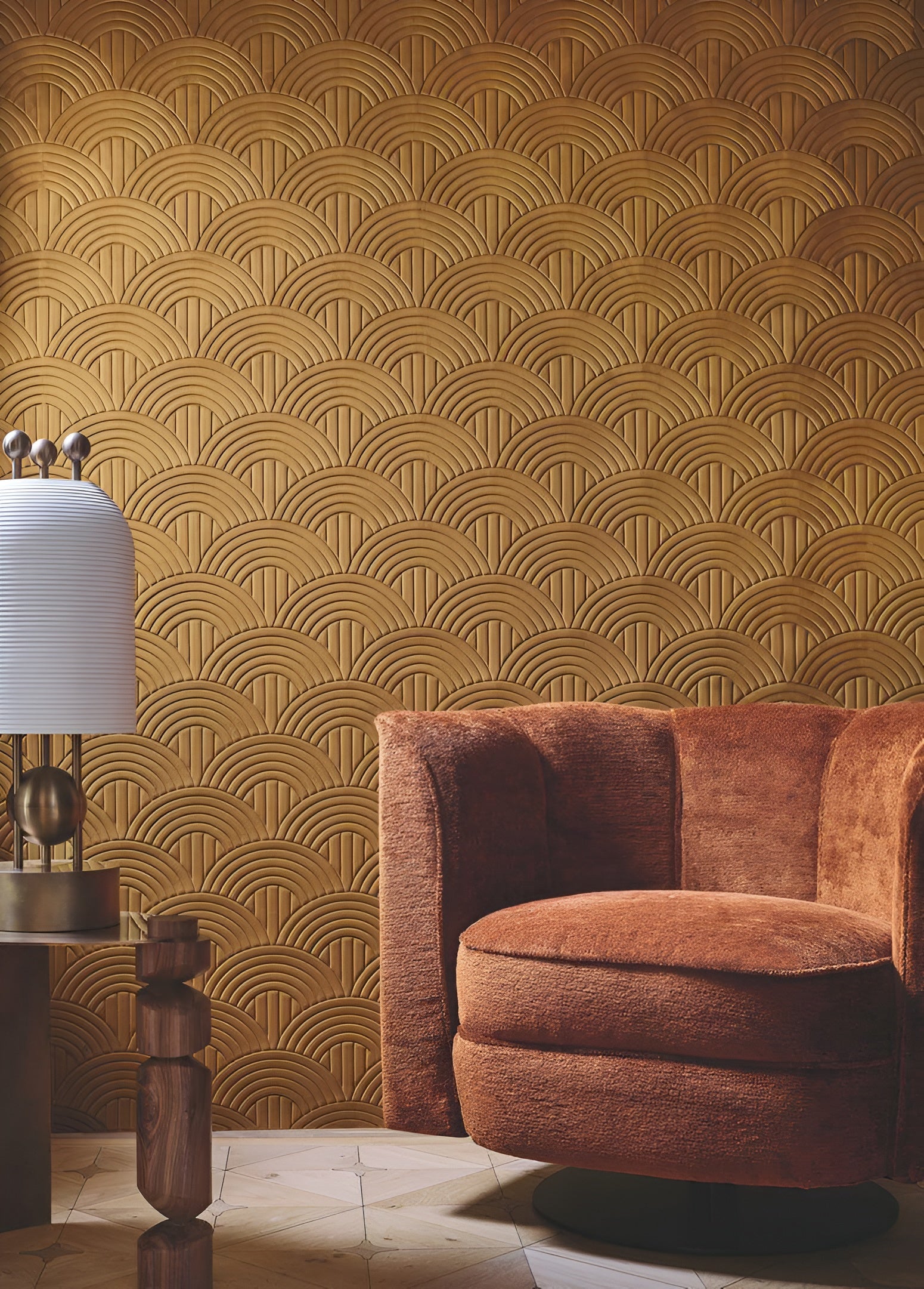 Textile wallpaper with geometric pattern VOLUTIS - MUSTARD mustard