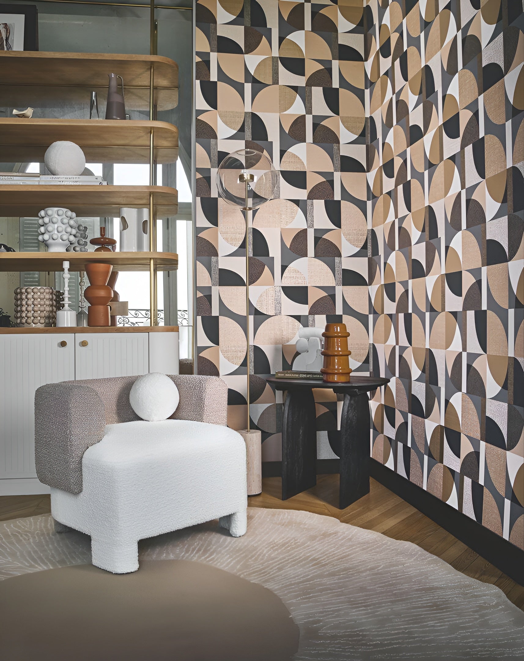 Wallpaper with geometric pattern BARILLET - WHITE/BEIGE white with coffee beige