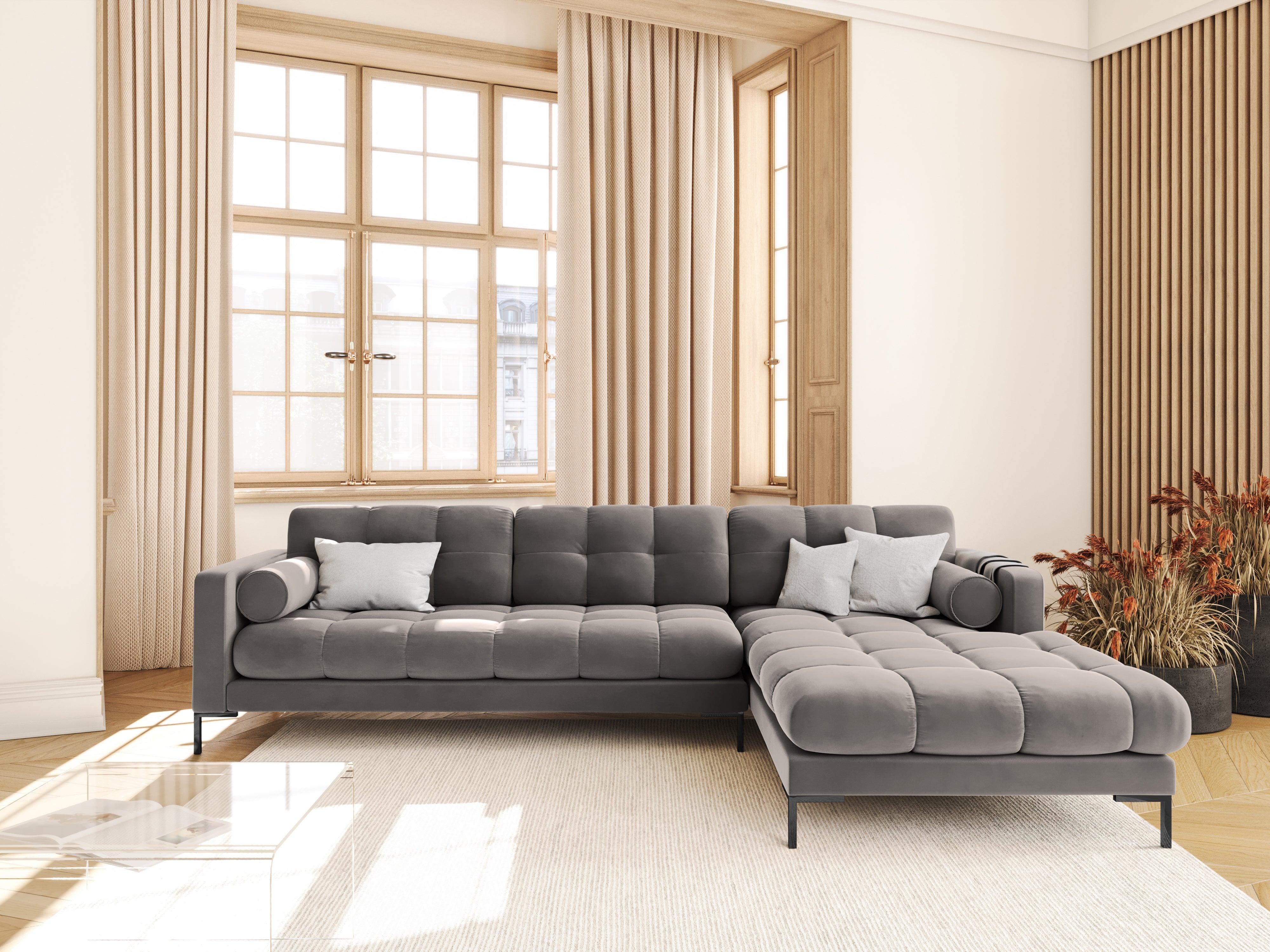 Narożnik aksamitny prawostronny BALI jasnoszary z czarną podstawą Cosmopolitan Design    Eye on Design