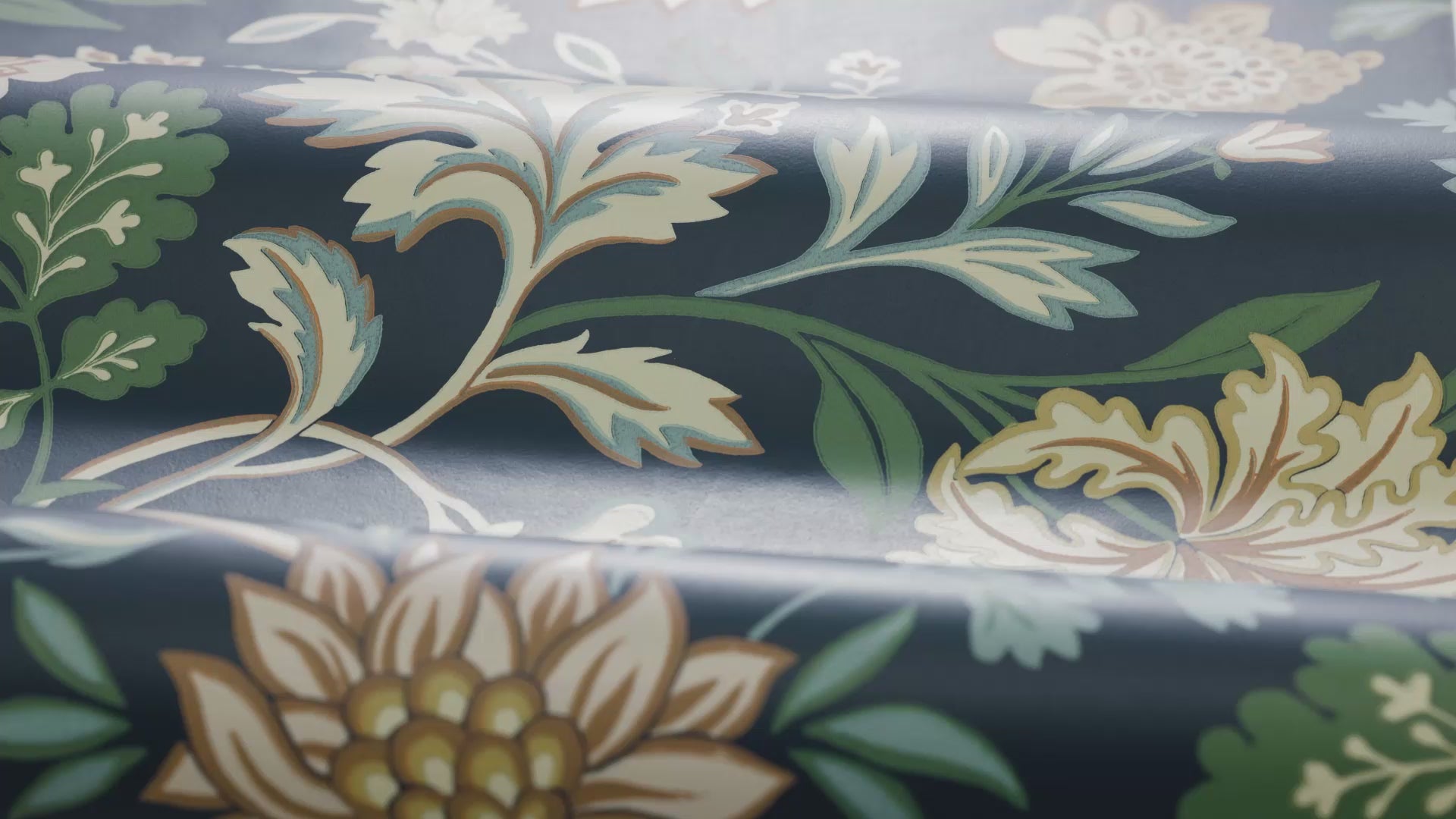 Non-woven paper wallpaper with a plant pattern ALICIA dark blue with yellow