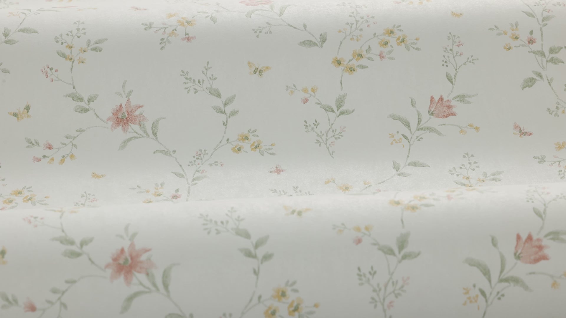 Non-woven paper wallpaper with a floral pattern VIKTORIA, off-white with green