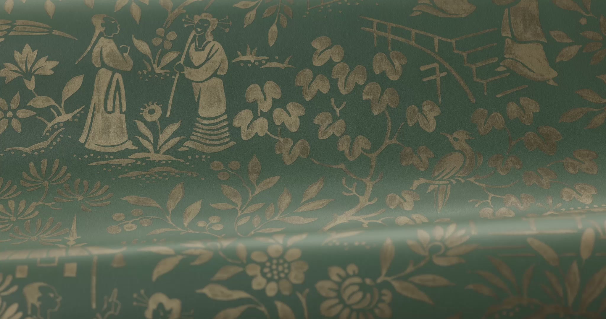 Non-woven paper wallpaper with a botanical pattern ORIENTAL GARDEN green with gold