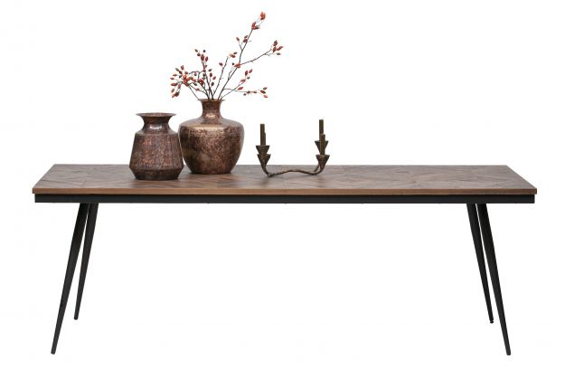Rhombischer Tisch, Teenholzholz mit einer schwarzen Metallbasis