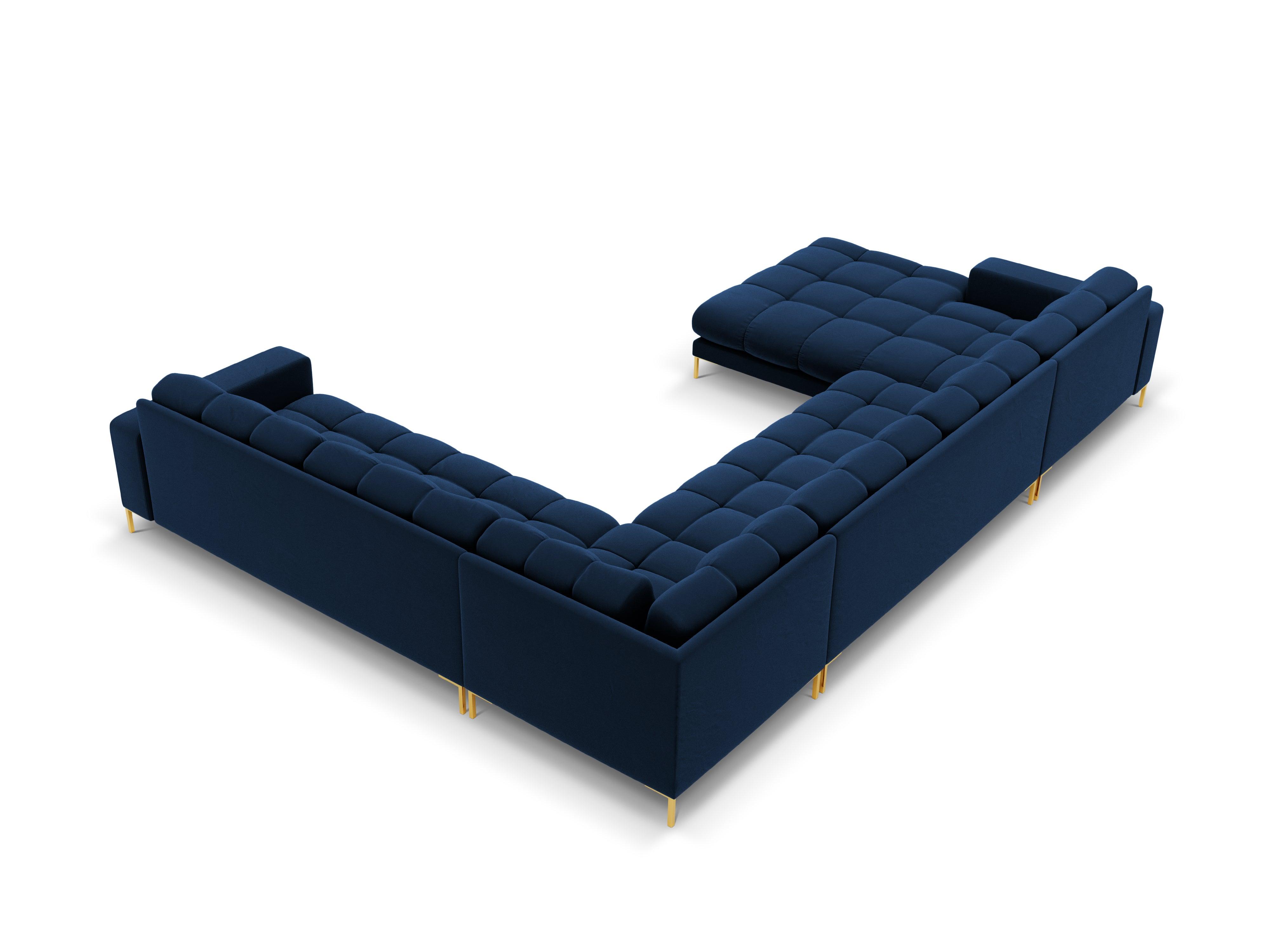 Sofa aksamitna panoramiczna prawostronna 7-osobowa BALI granat królewski ze złotą podstawą Cosmopolitan Design    Eye on Design