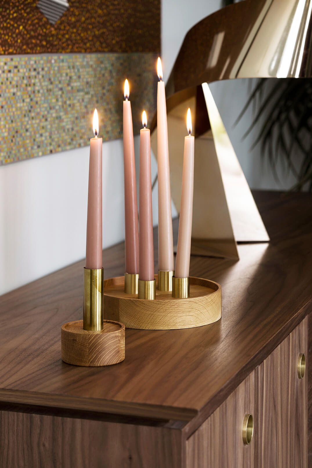 ENLIGHTENMENT Candle Holder 4 Oak with Brass