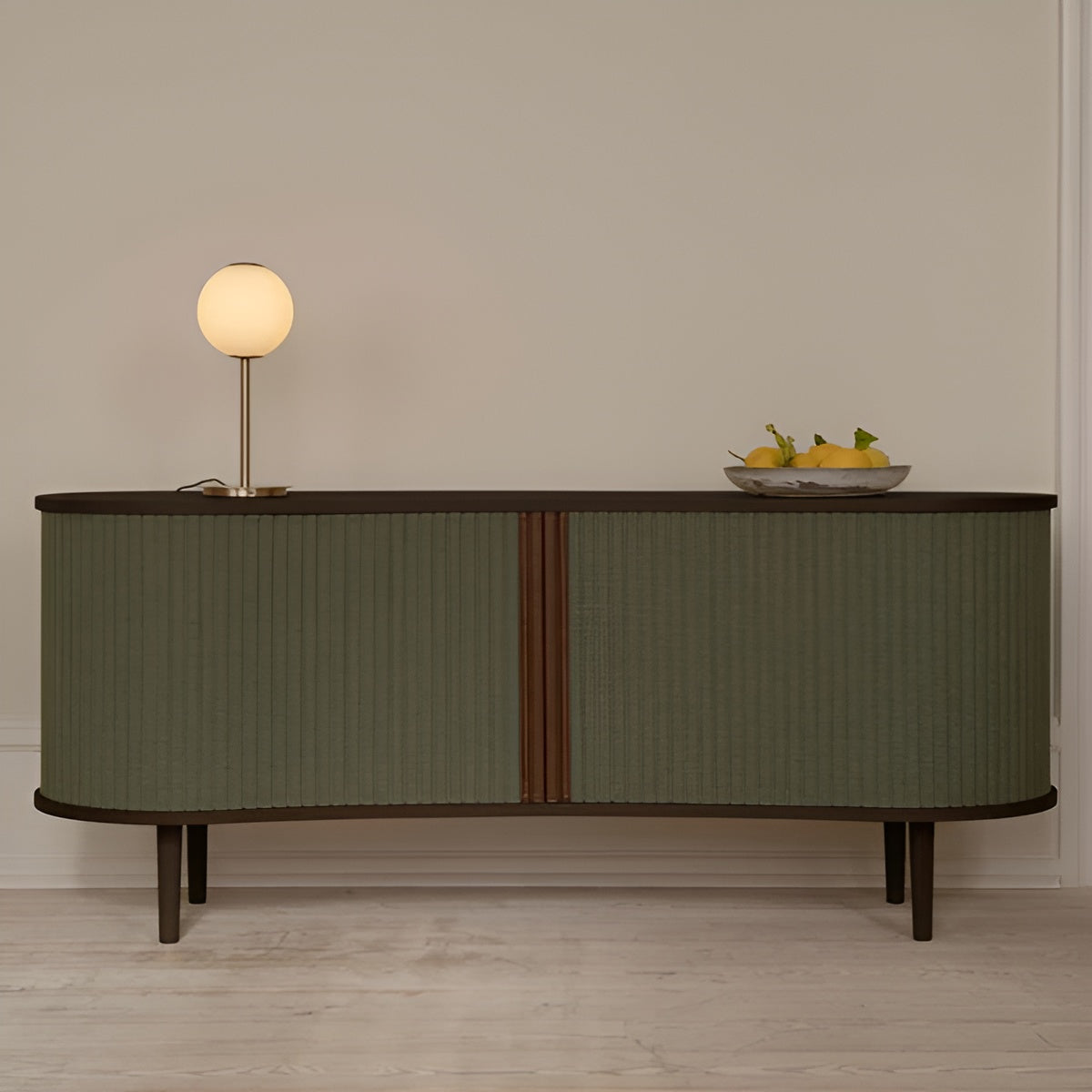 AUDACIOUS green RTV cabinet with a dark oak base
