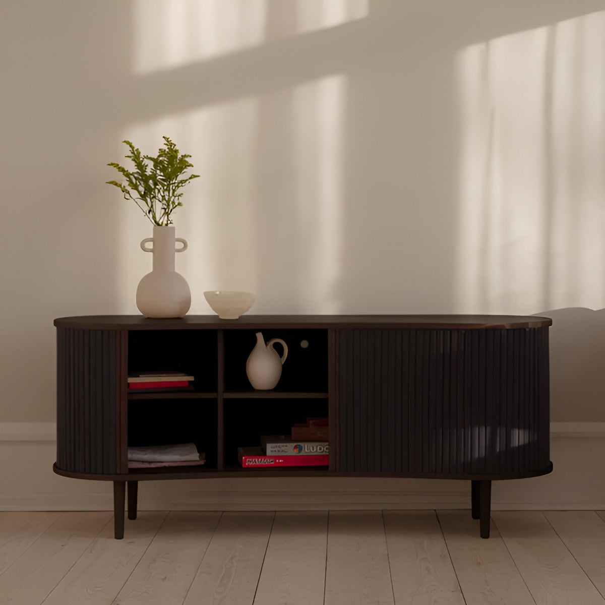 AUDACIOUS caramel RTV cabinet with a dark oak base