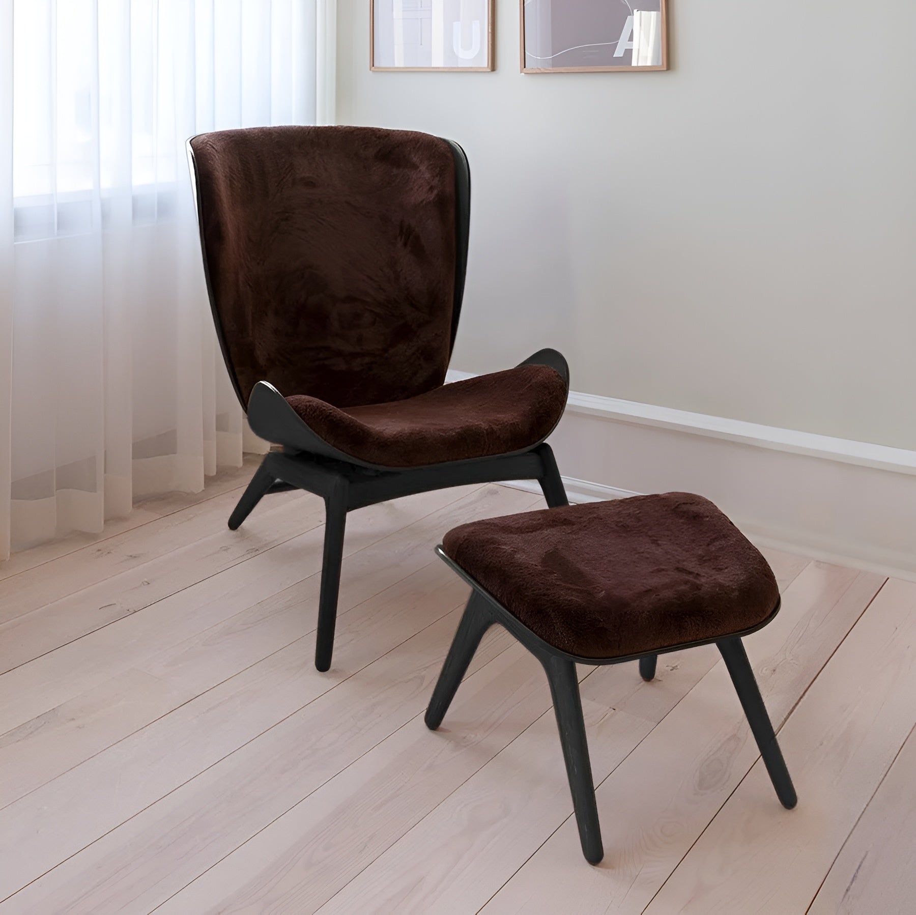 READER footstool brown leather with dark oak base