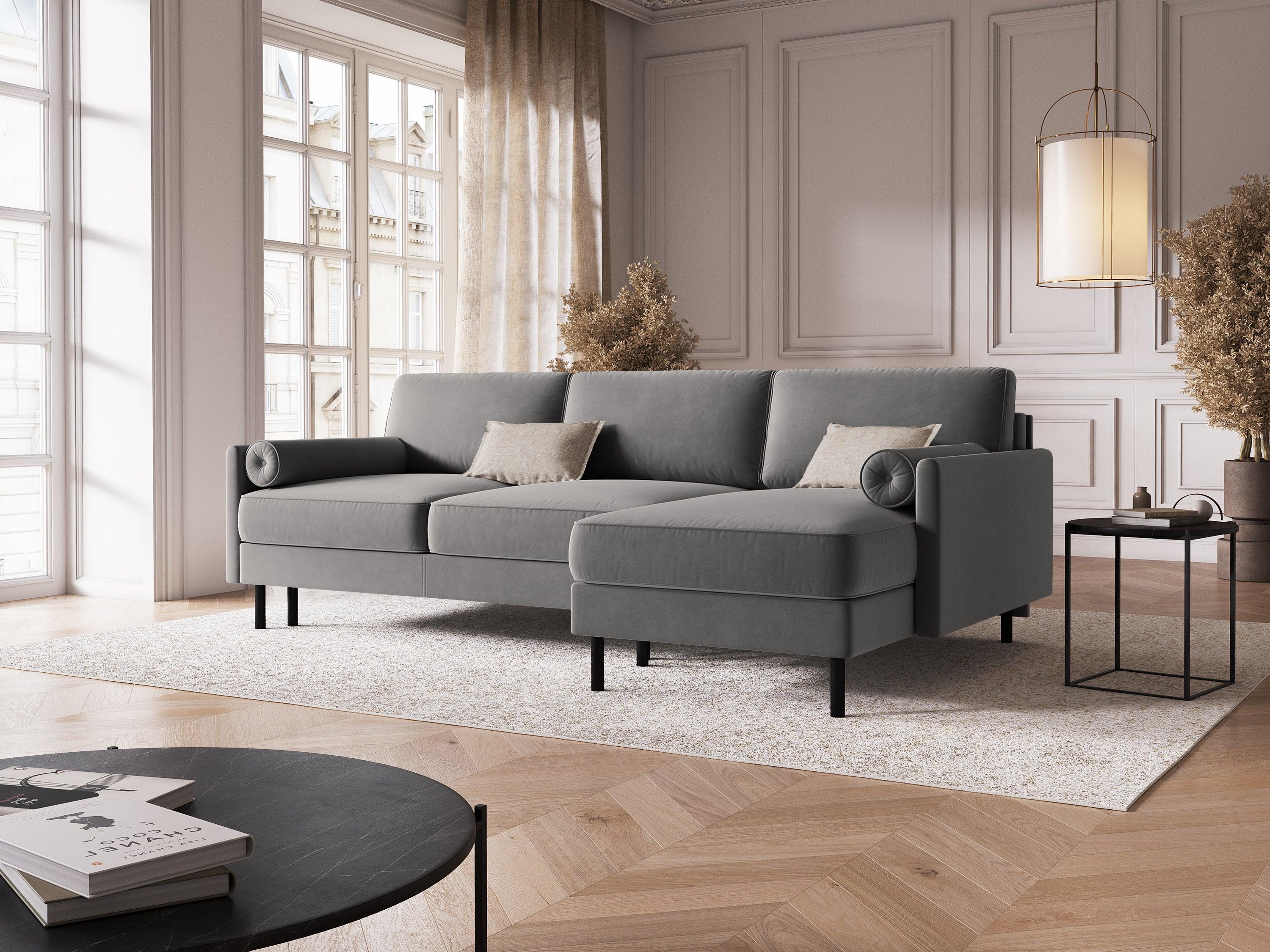 Narożnik aksamitny prawostronny z funkcją spania SCOTT jasnoszary Micadoni    Eye on Design