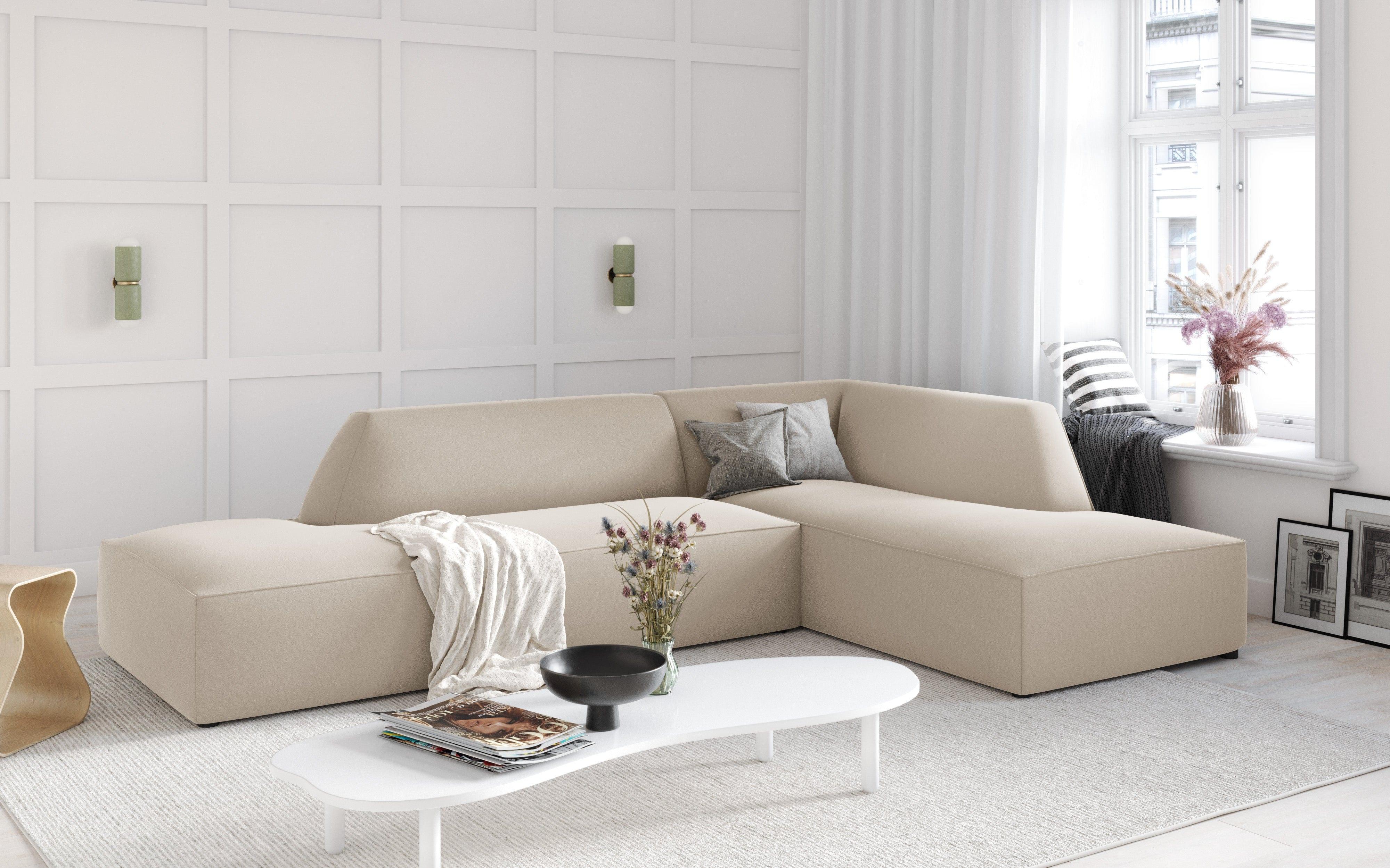 Sofa narożna aksamitna prawostronna RUBY beżowy Micadoni    Eye on Design