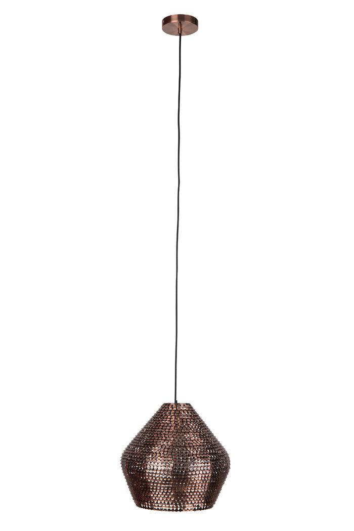 Shiny Cooper lamps were created from hundreds of small copper scales, which were additionally discolored at hot temperatures. Copper scales have been manually placed on the lamp, thanks to which each model has a unique shape and appearance. The lamp gives an amazing effect of light movement, bouncing off tiny copper tiles.