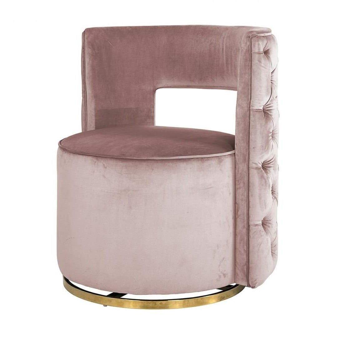 A velor, rotary armchair with quilted upholstery in the glamor style. Jamie undoubtedly fits into the top of the latest trends. The buttons at the back of the chair create a beautiful pattern that gives it a unique character. This unusual armchair, with a base in gold, ideally suited to the living room and bedroom.