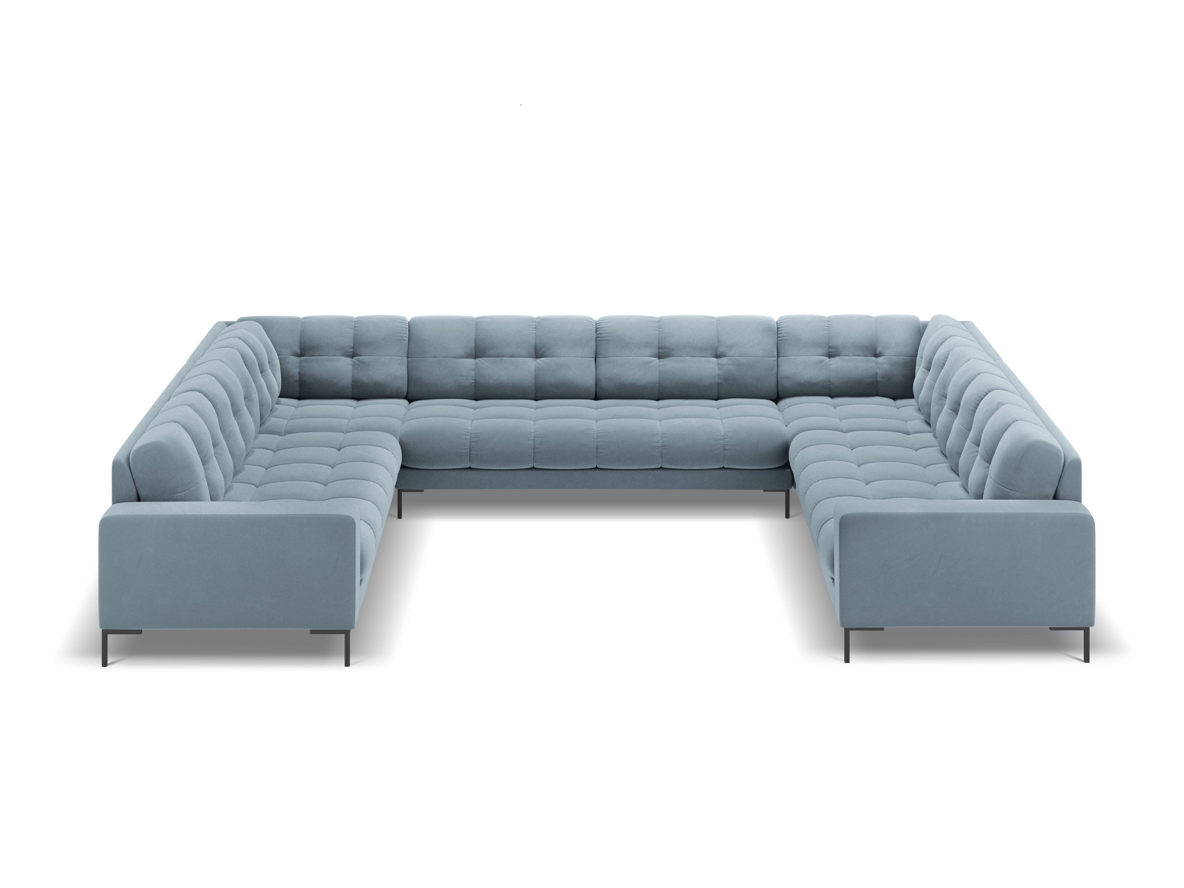 Panoramic velvet sofa 9-seater BALI light blue with black base - Eye on Design