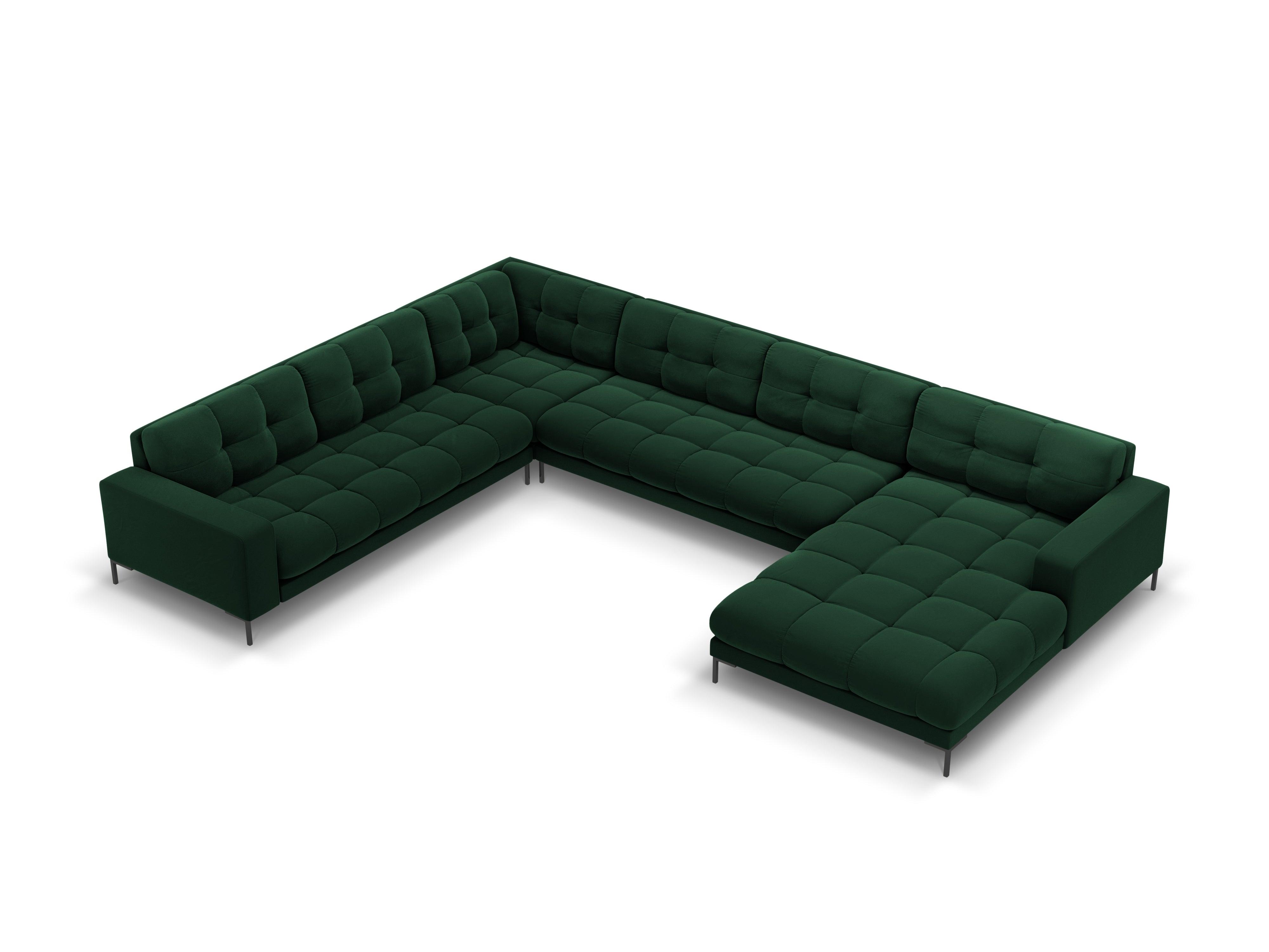 Panoramic velvet sofa left side 7 seater BALI bottle green with black base - Eye on Design