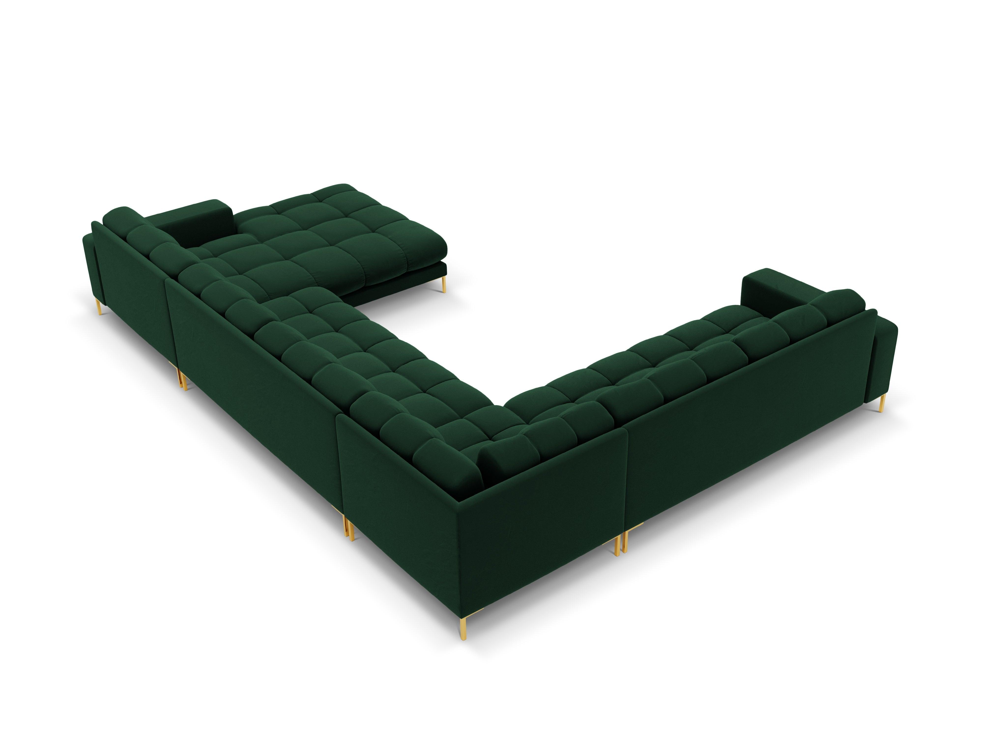 Panoramic velvet sofa left side 7 seater BALI bottle green with gold base - Eye on Design