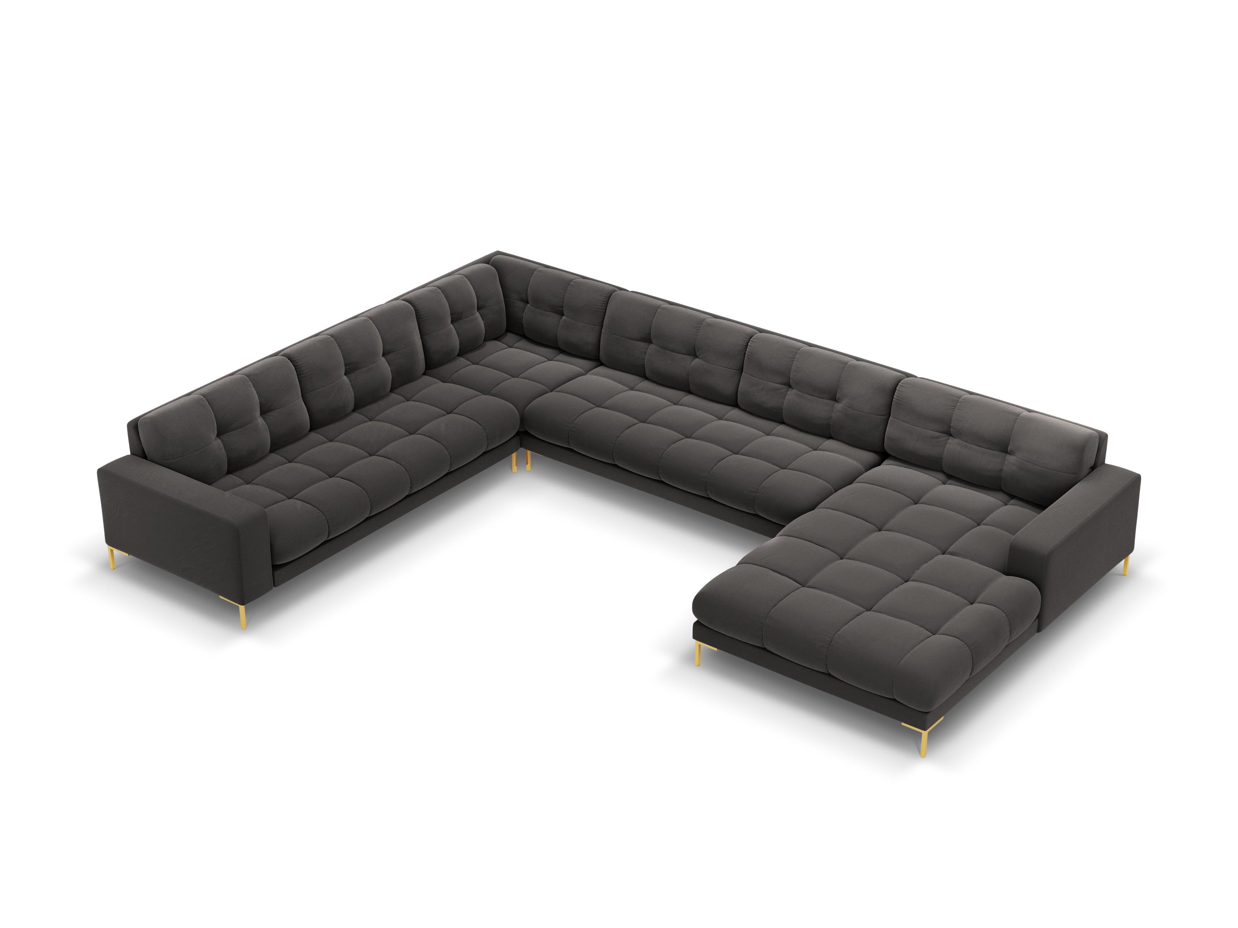 Panoramic velvet sofa left side 7 seater BALI dark grey with gold base - Eye on Design