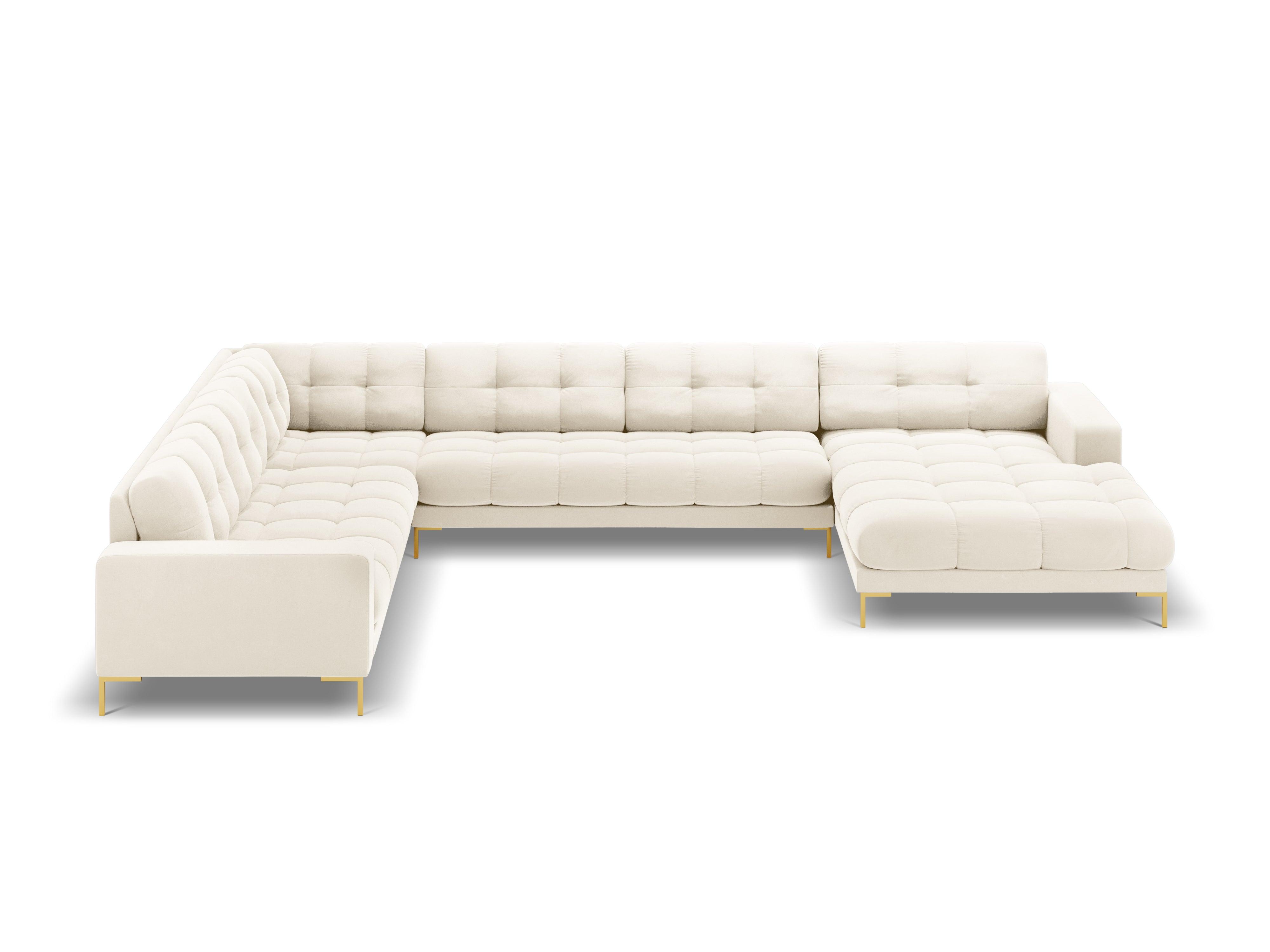 Panoramic velvet sofa left side 7 seater BALI light beige with gold base - Eye on Design