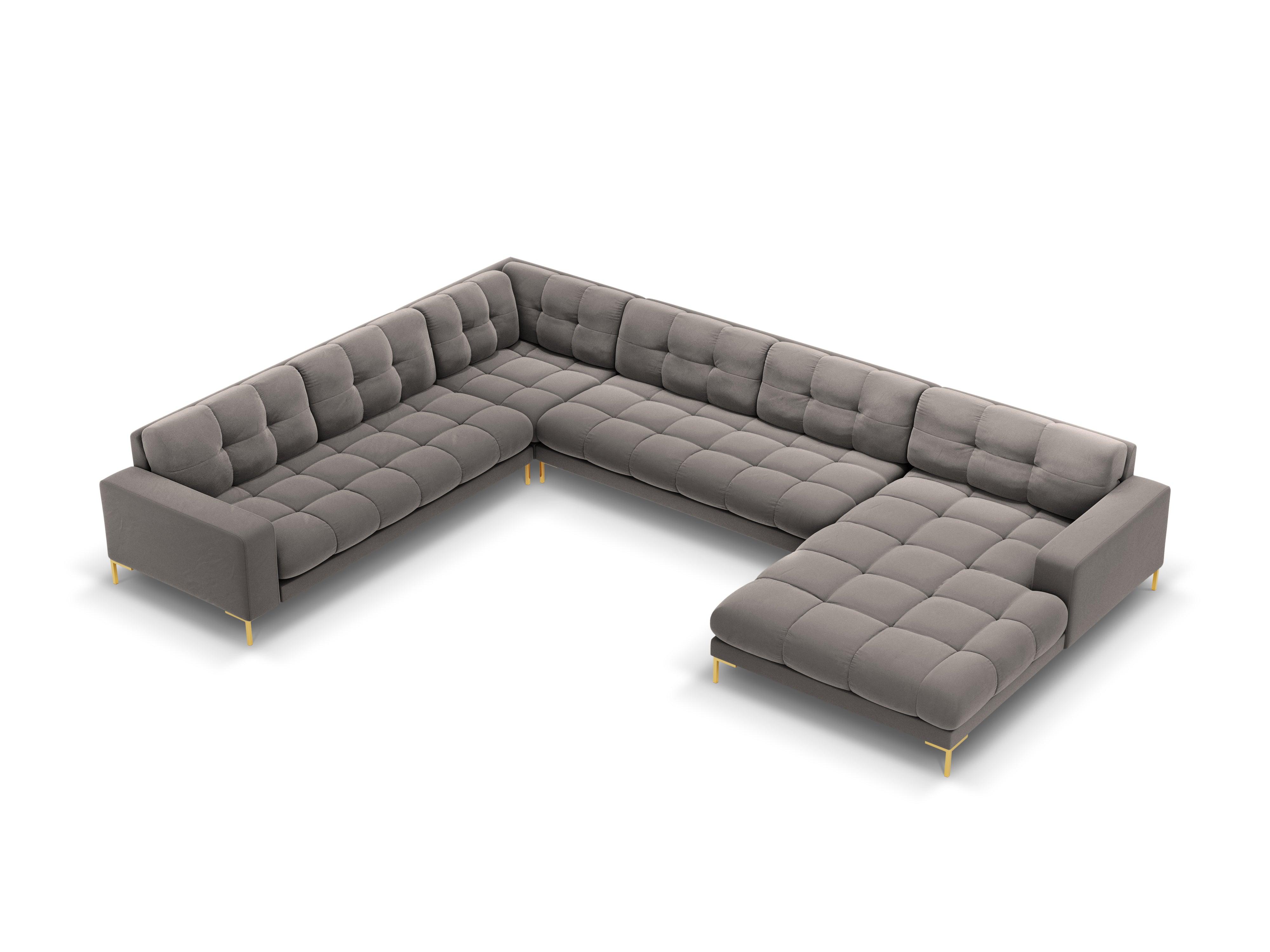 Panoramic velvet sofa left side 7 seater BALI light grey with gold base - Eye on Design