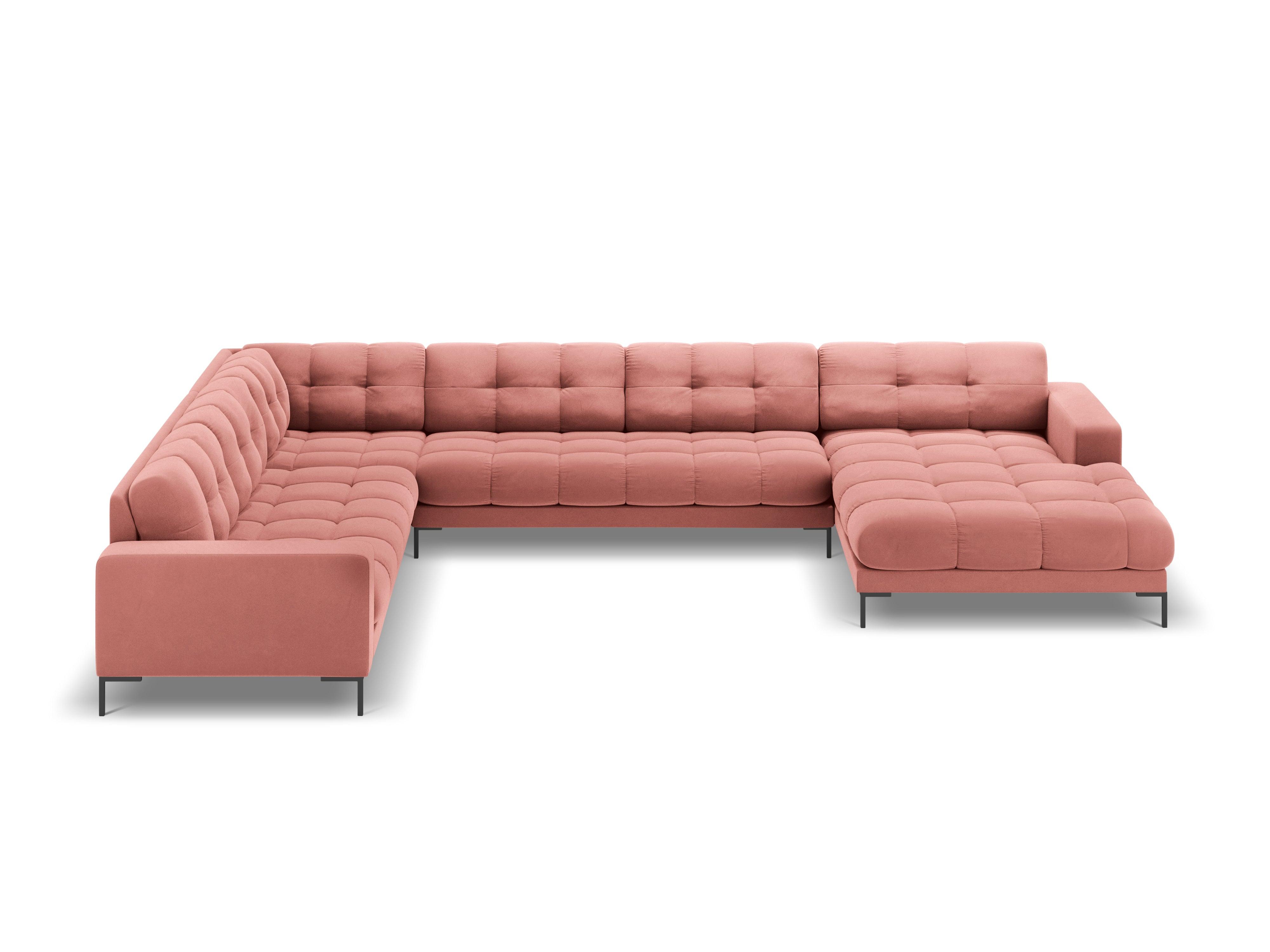 Panoramic velvet sofa left side 7 seater BALI pink with black base - Eye on Design