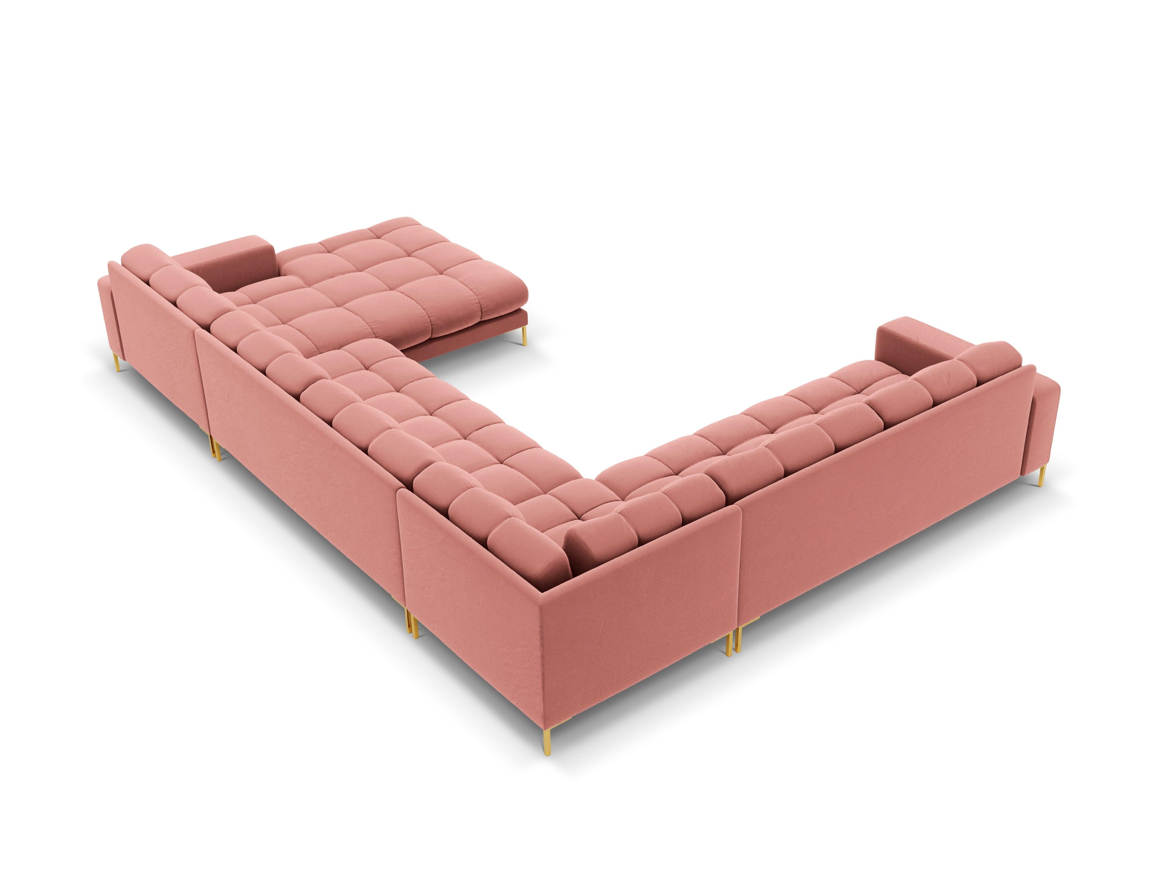 Panoramic velvet sofa left side 7 seater BALI pink with gold base - Eye on Design