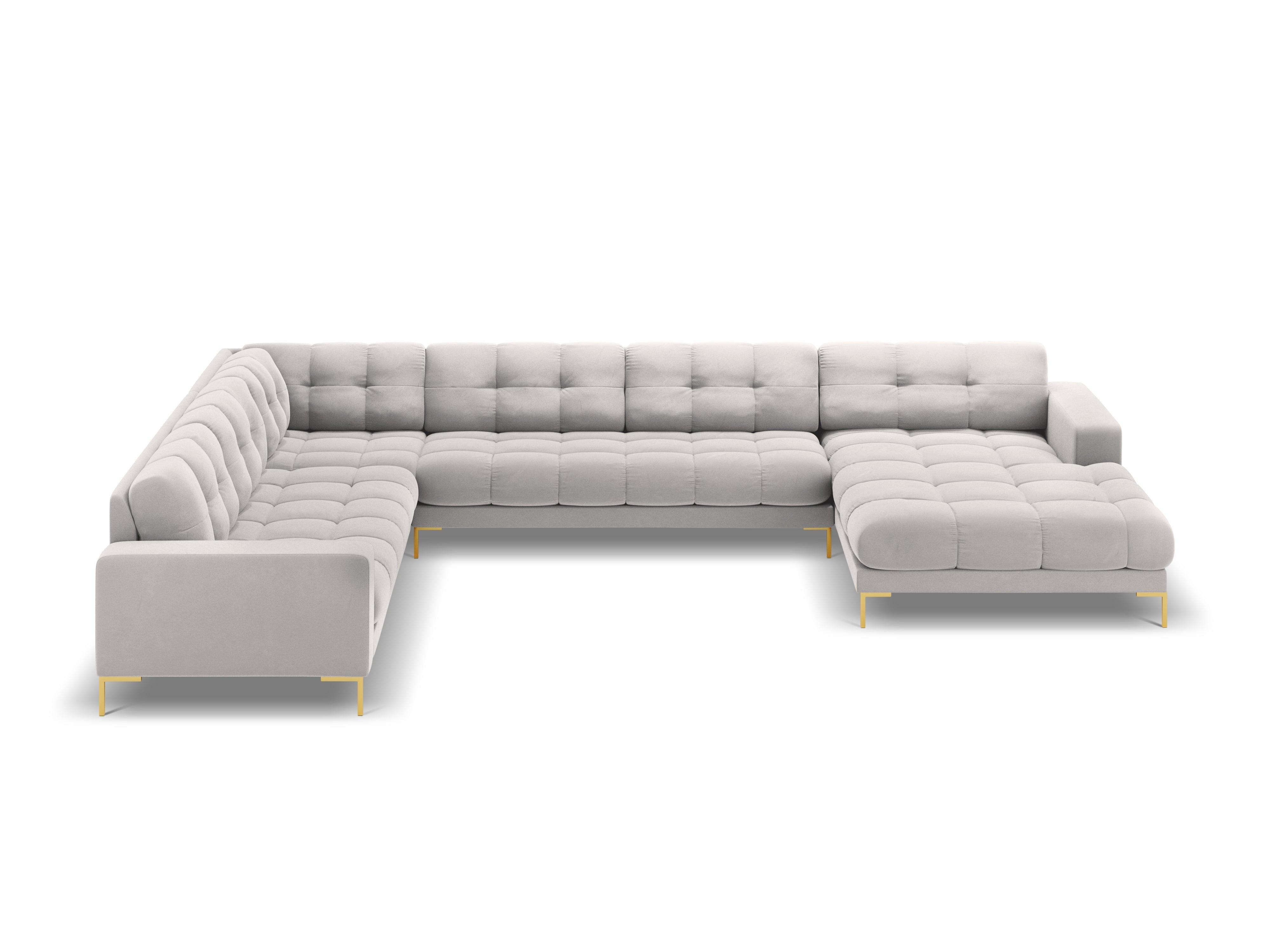 Panoramic velvet sofa left side 7 seater BALI silver with gold base - Eye on Design