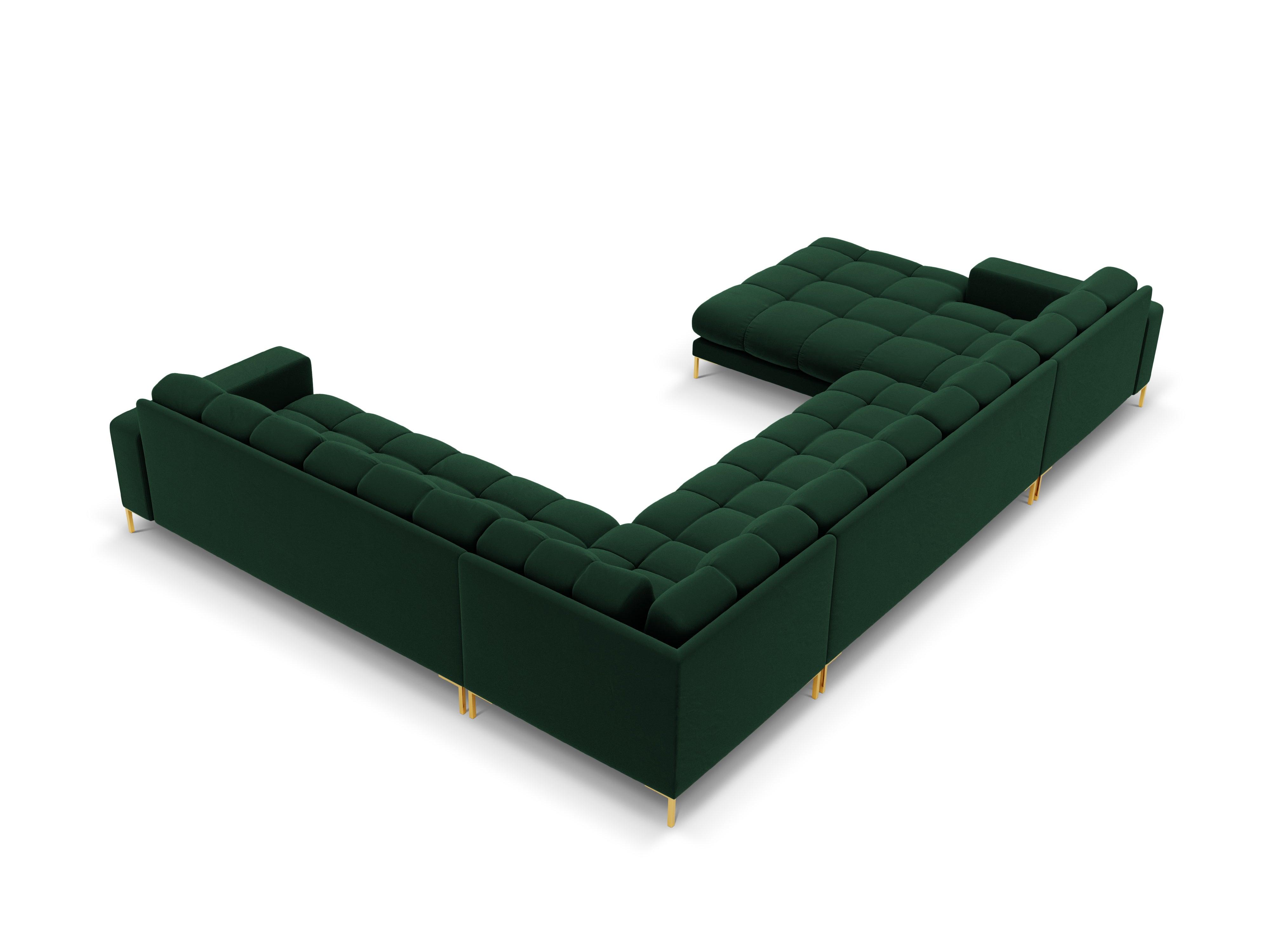 Panoramic velvet sofa right side 7 seater BALI bottle green with gold base - Eye on Design