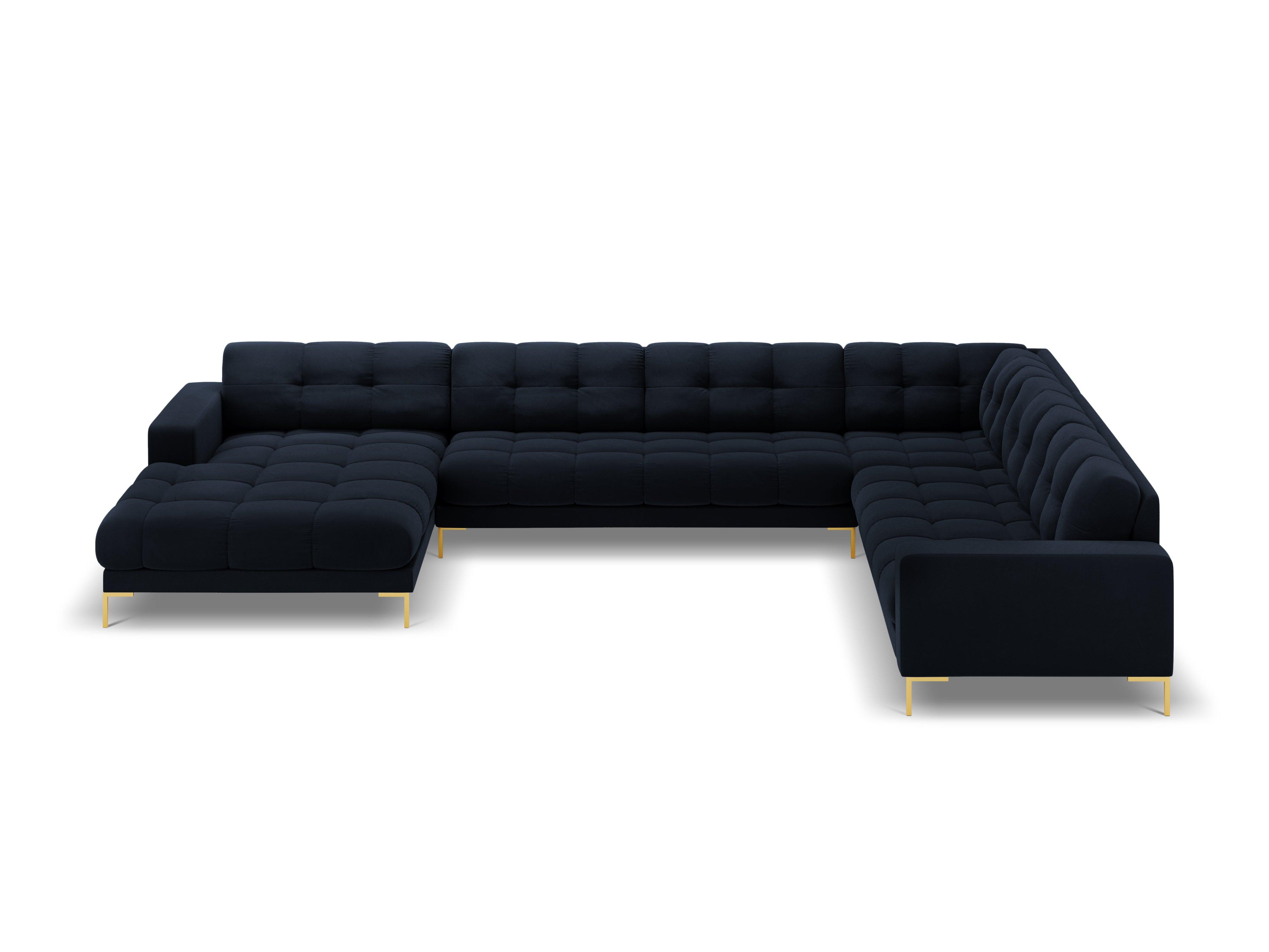 Panoramic velvet sofa right side 7 seater BALI dark blue with gold base - Eye on Design