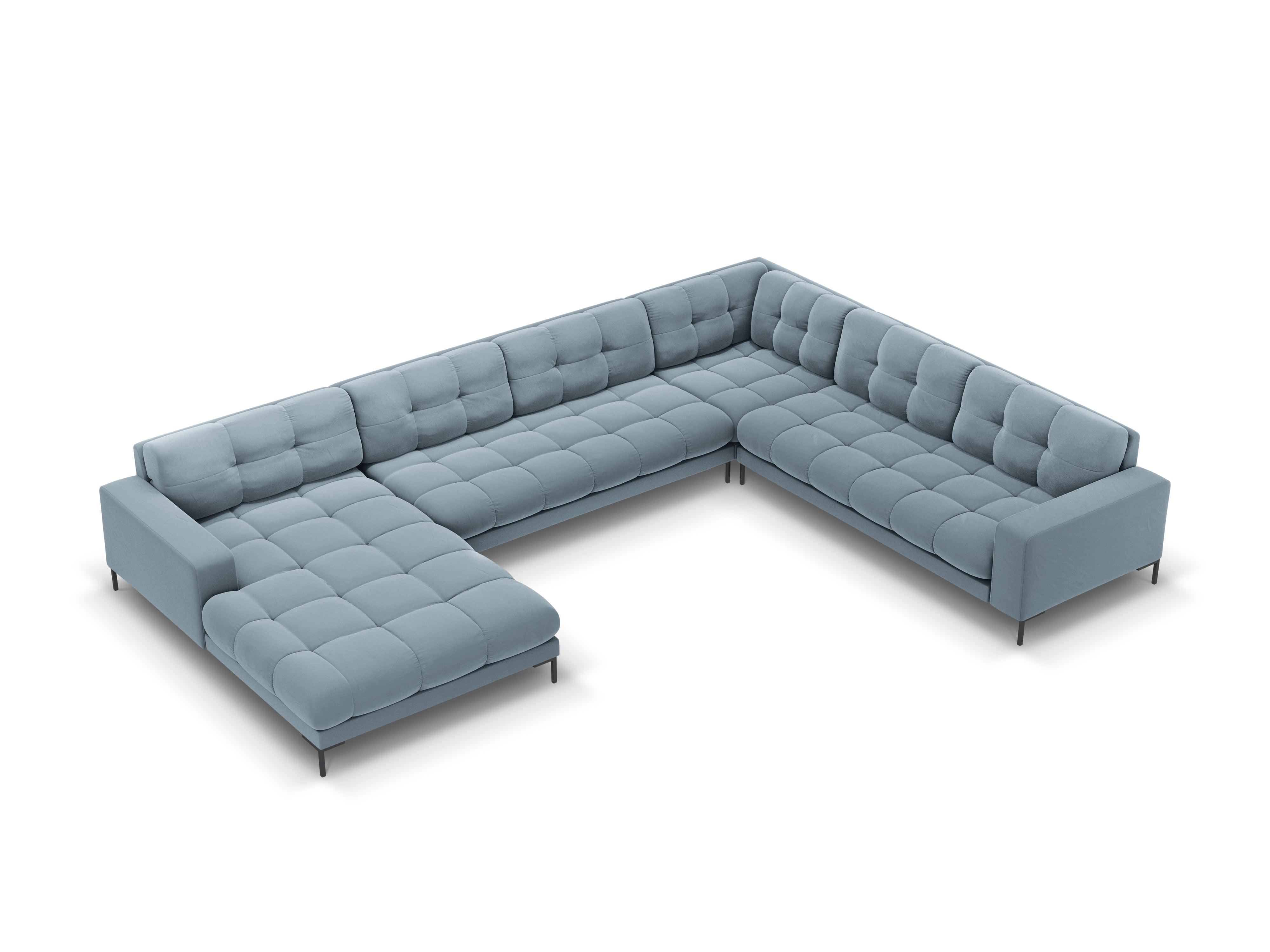 Panoramic velvet sofa right side 7 seater BALI light blue with black base - Eye on Design