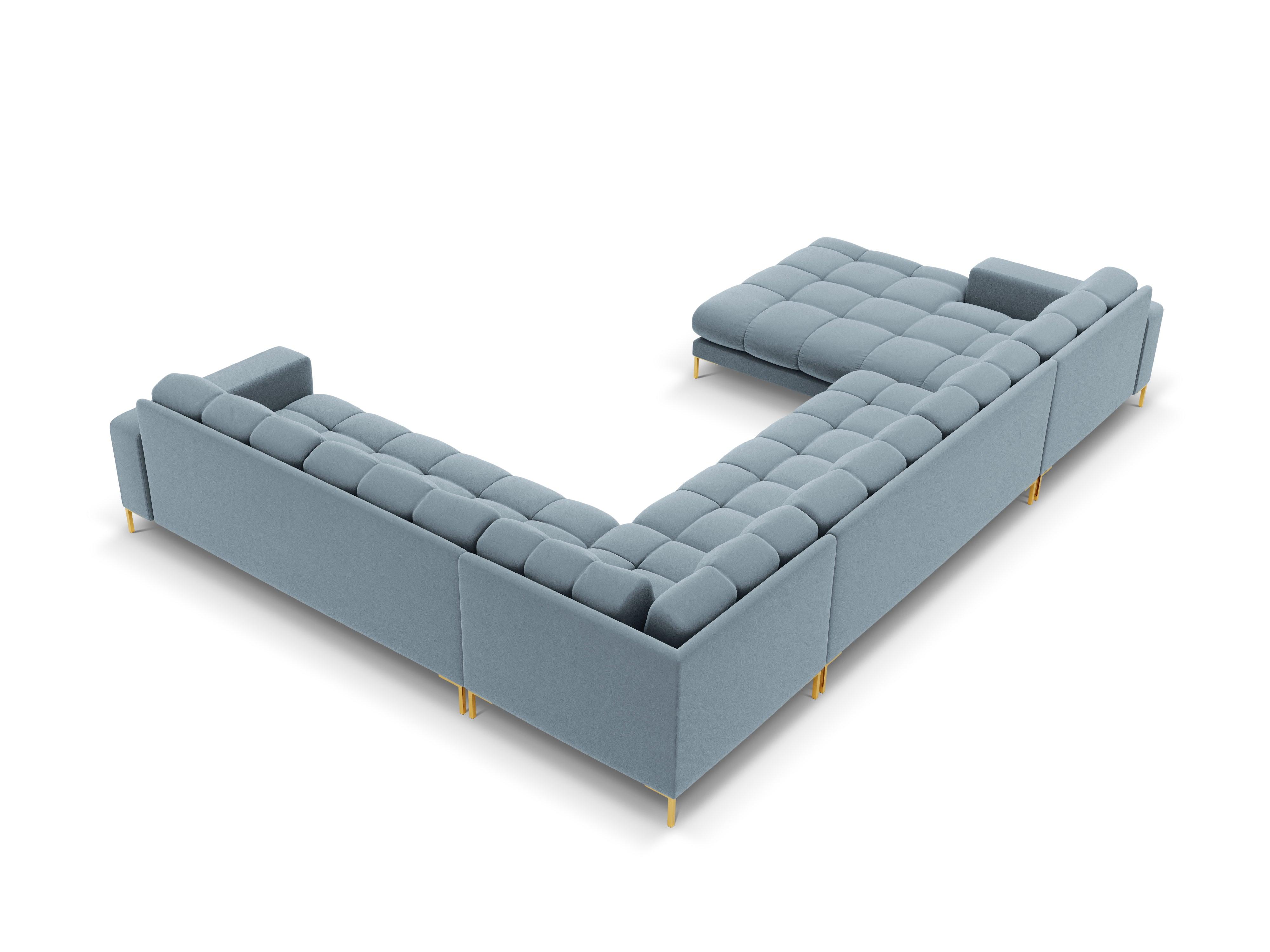 Panoramic velvet sofa right side 7 seater BALI light blue with gold base - Eye on Design