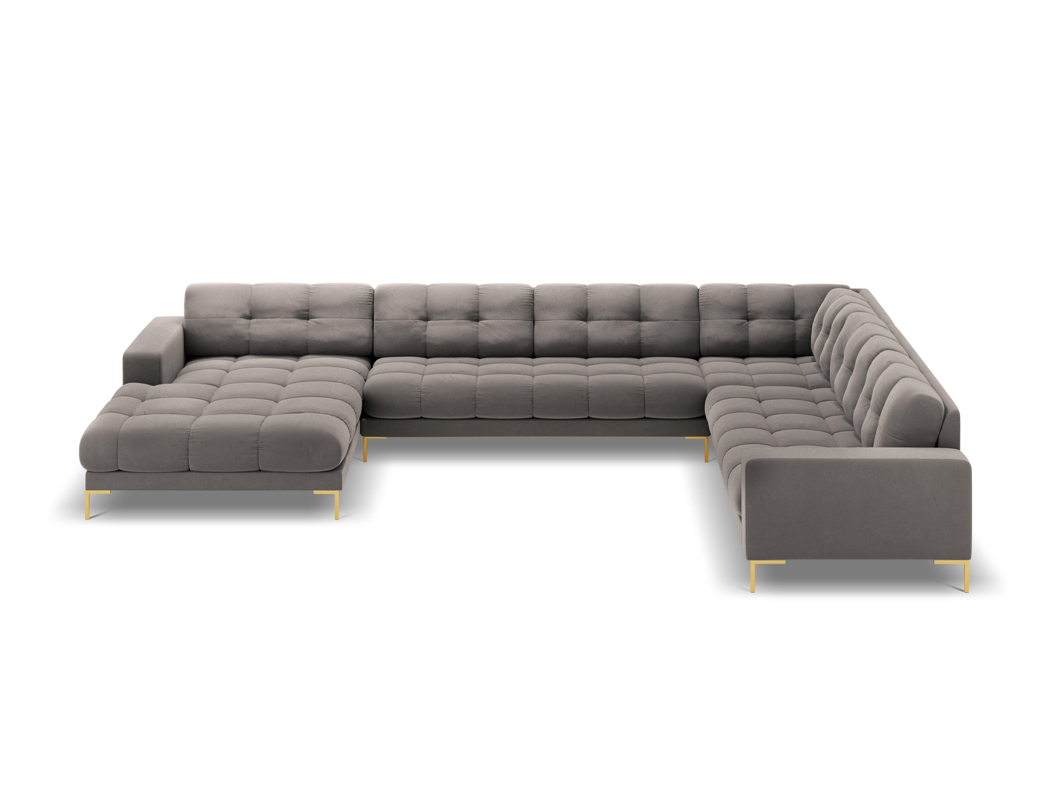 Panoramic velvet sofa right side 7 seater BALI light grey with gold base - Eye on Design