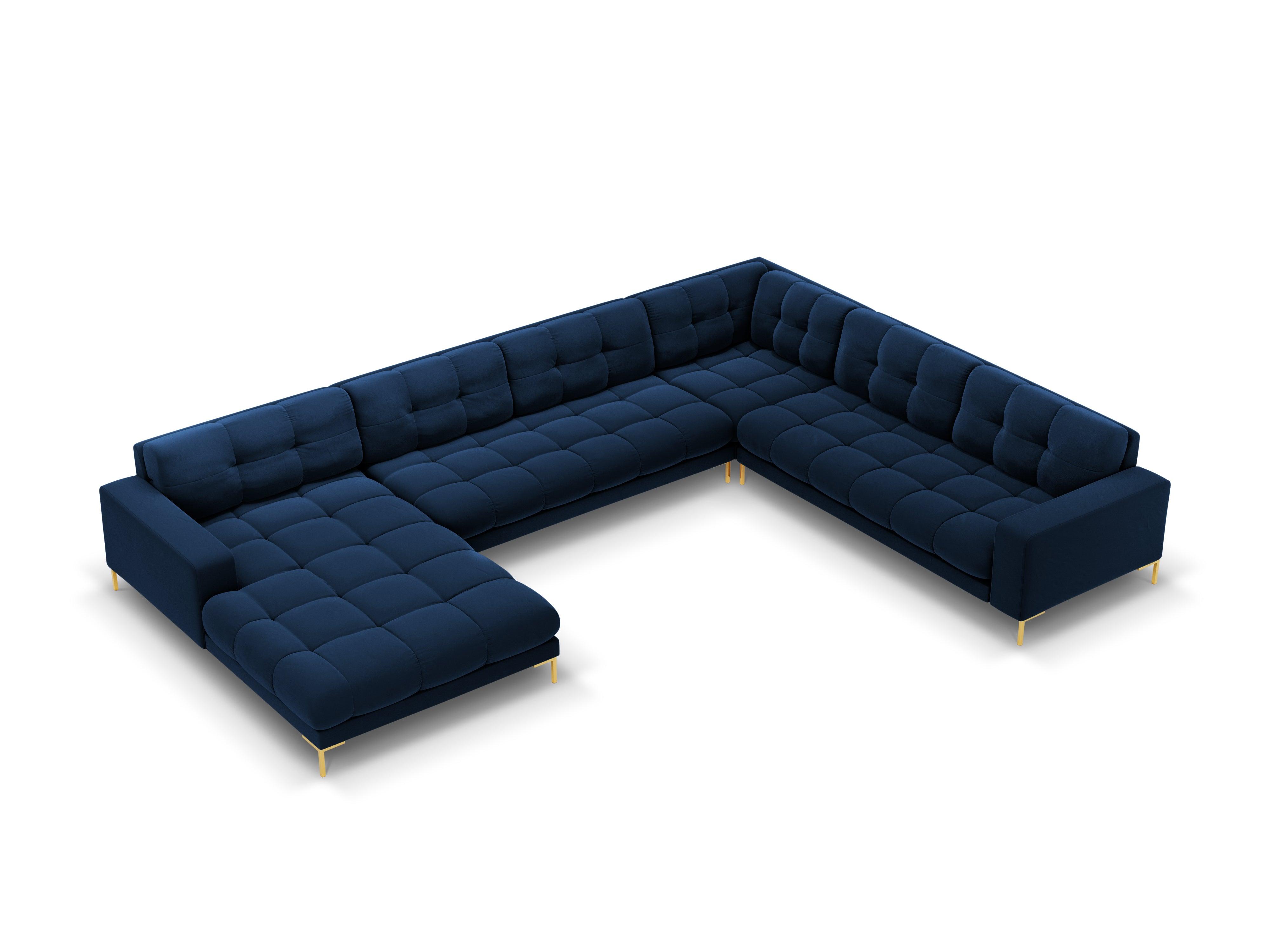 Panoramic velvet sofa right side 7 seater BALI royal blue with gold base - Eye on Design