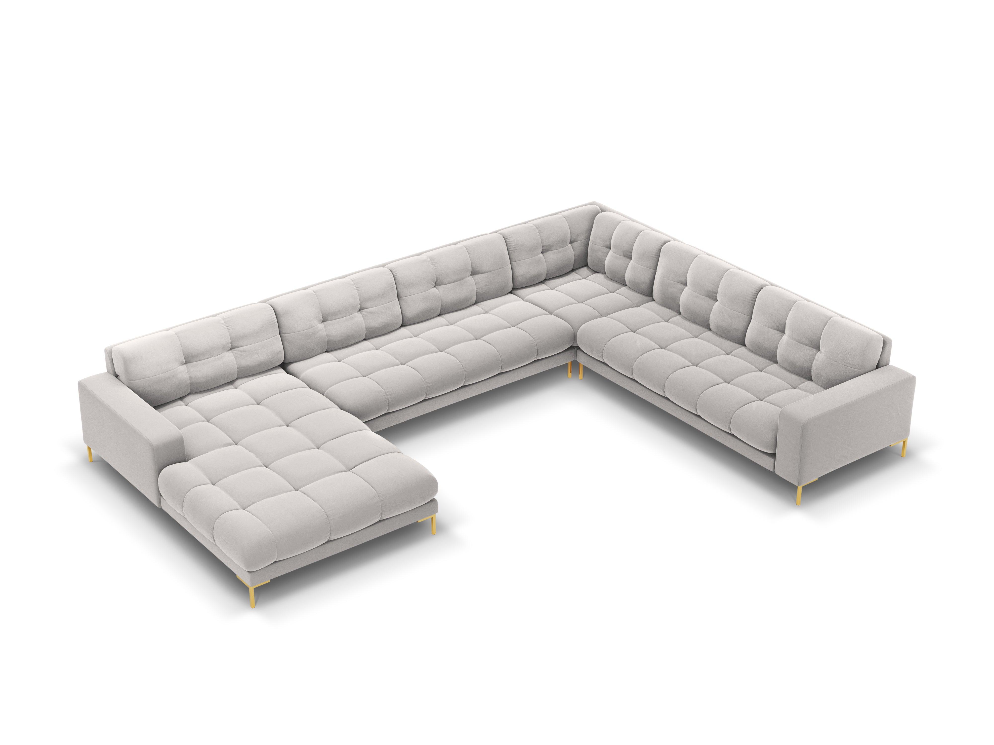 Panoramic velvet sofa right side 7 seater BALI silver with gold base - Eye on Design