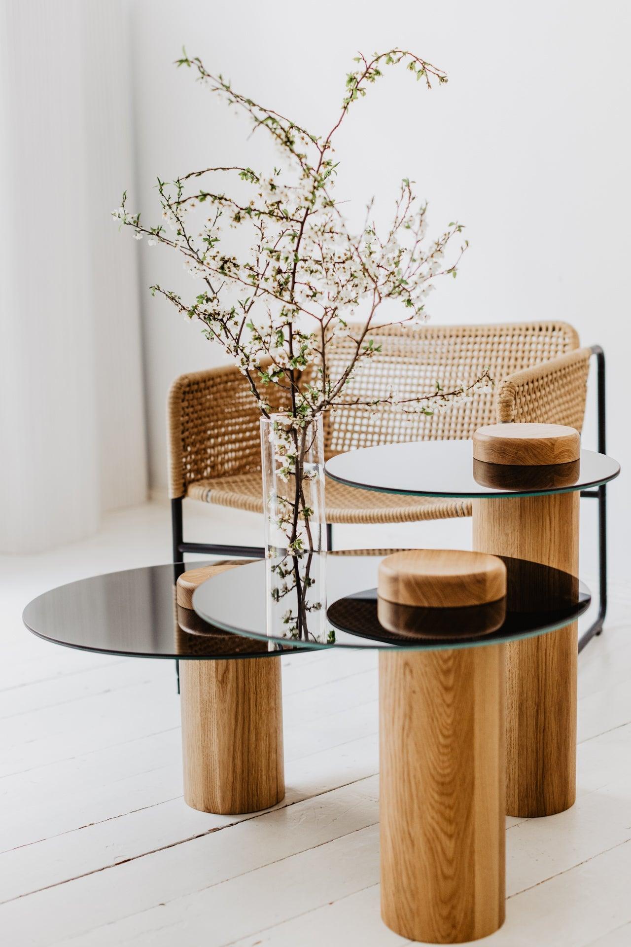 SKIEN #2 table natural oak with mirror top - Eye on Design