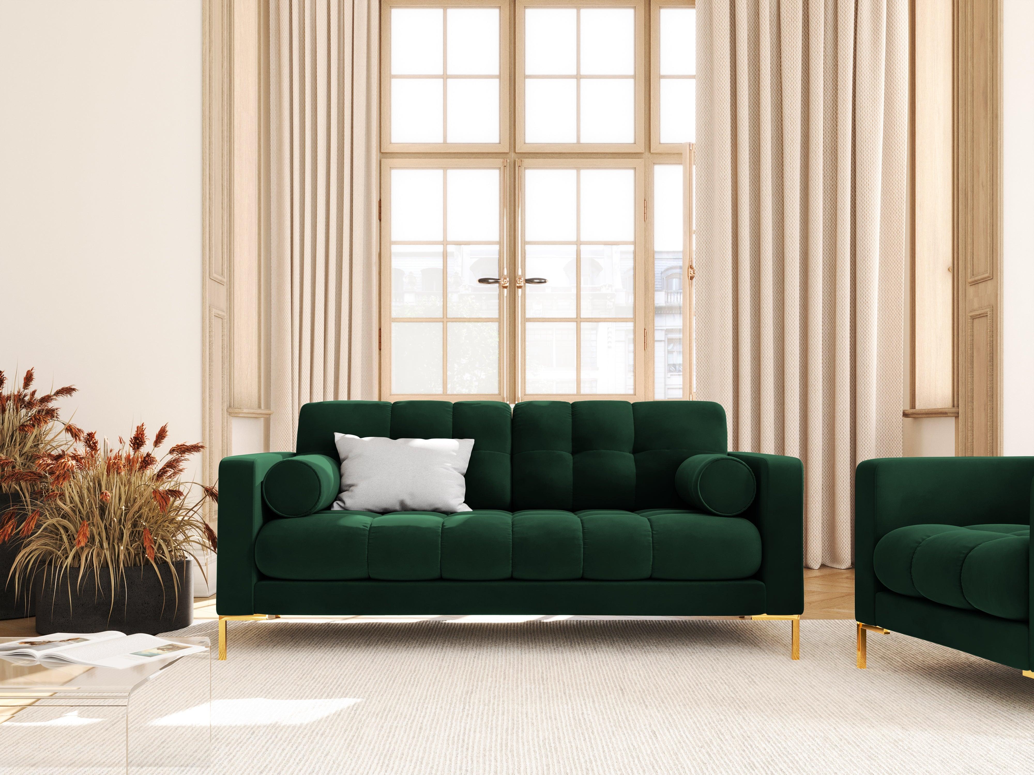 Velvet 2-seater sofa BALI bottle green with gold base - Eye on Design