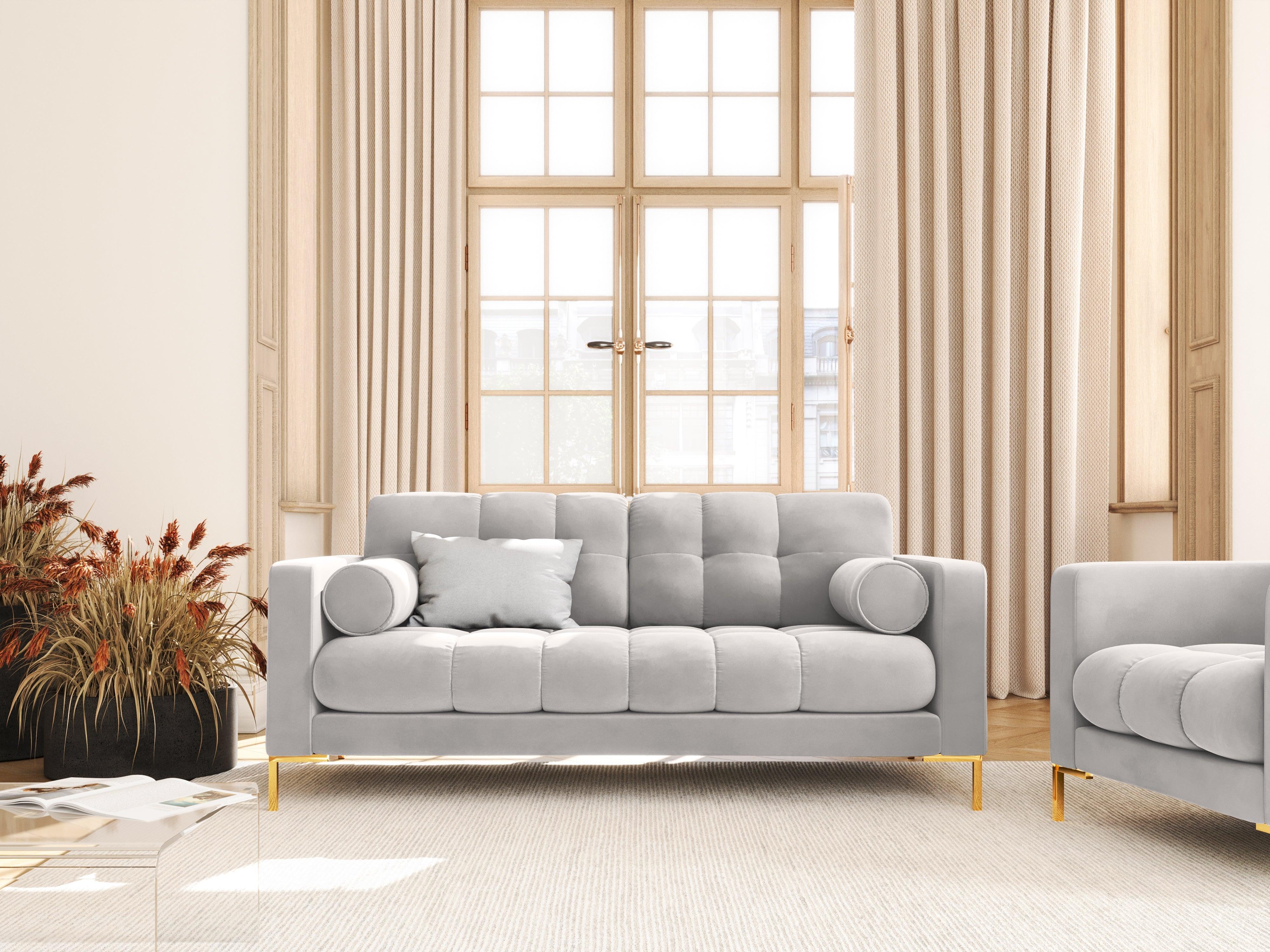 Velvet 2-seater sofa BALI silver with gold base - Eye on Design