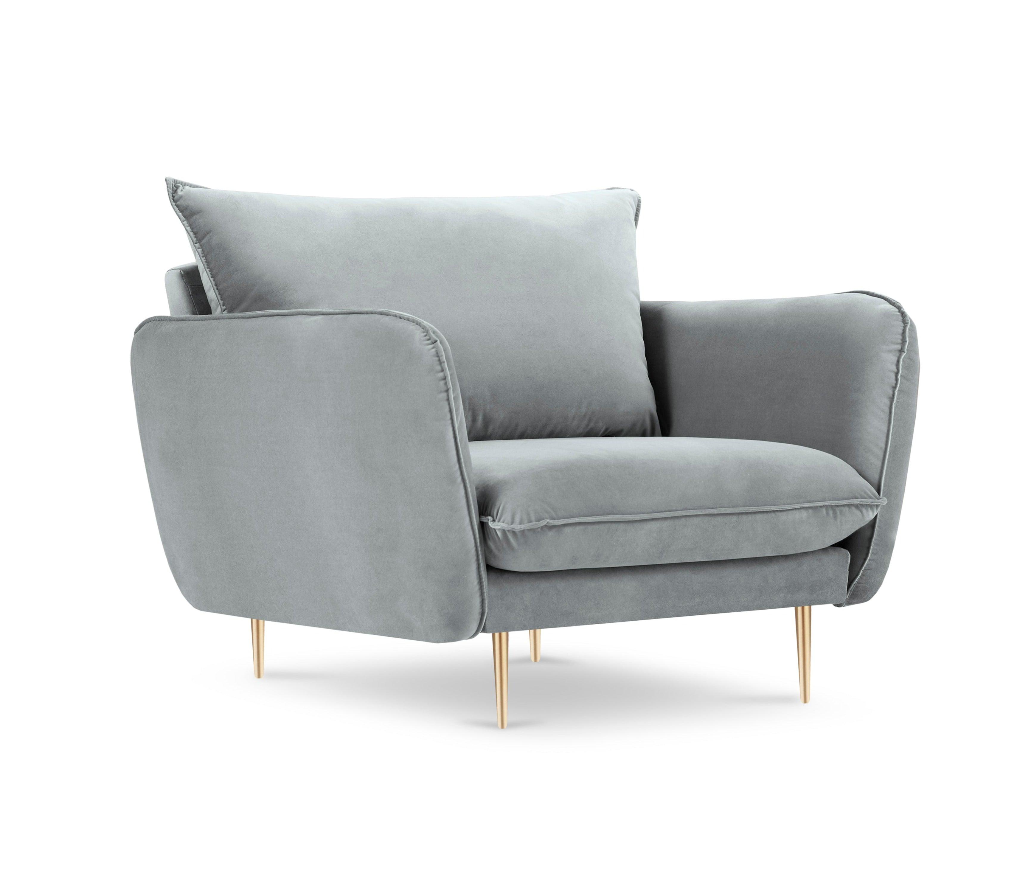 Velvet armchair VIENNA light grey with gold base - Eye on Design