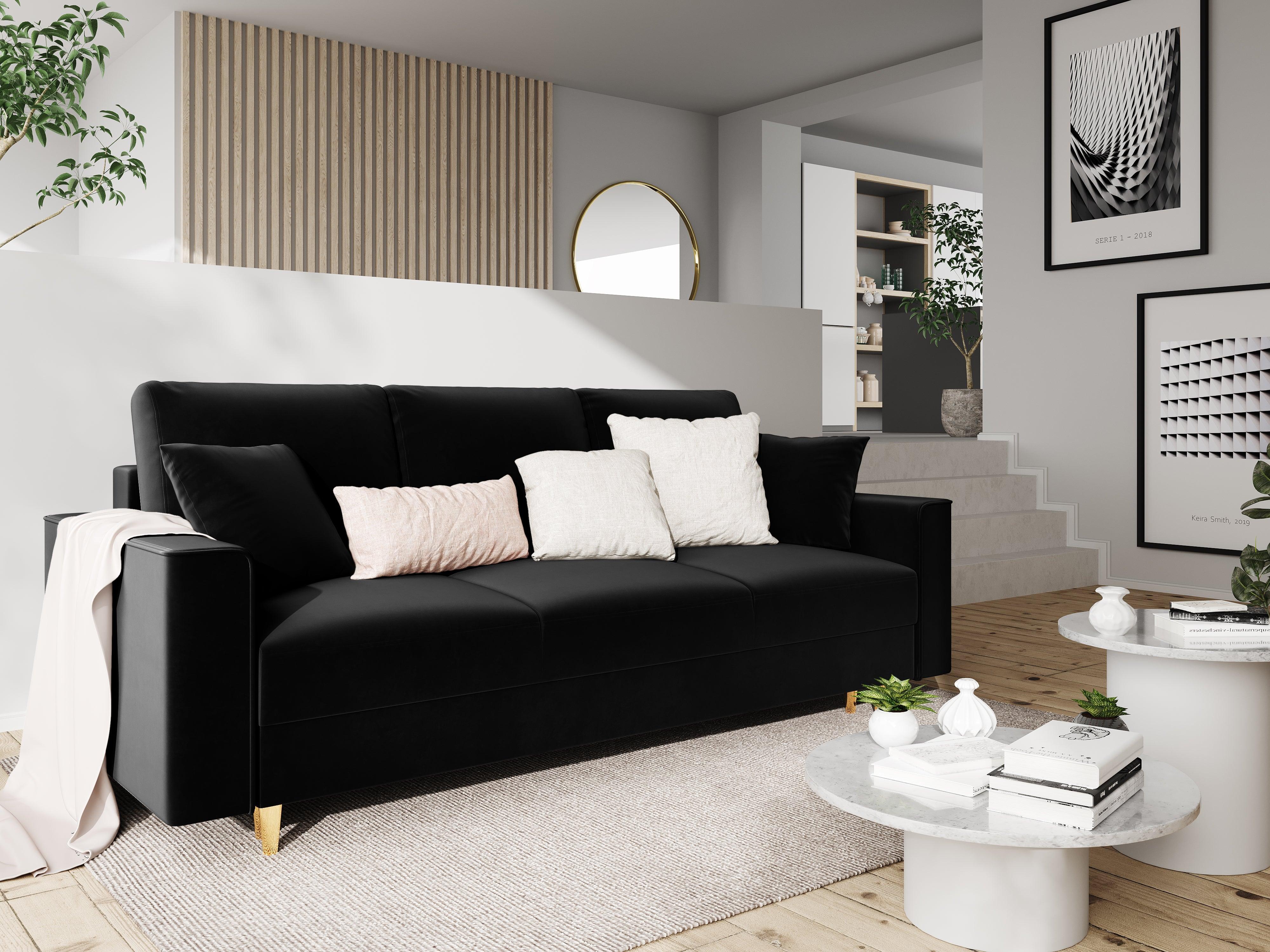 Sofa aksamitna z funkcją spania CARTADERA czarny ze złotą podstawą, Mazzini Sofas, Eye on Design