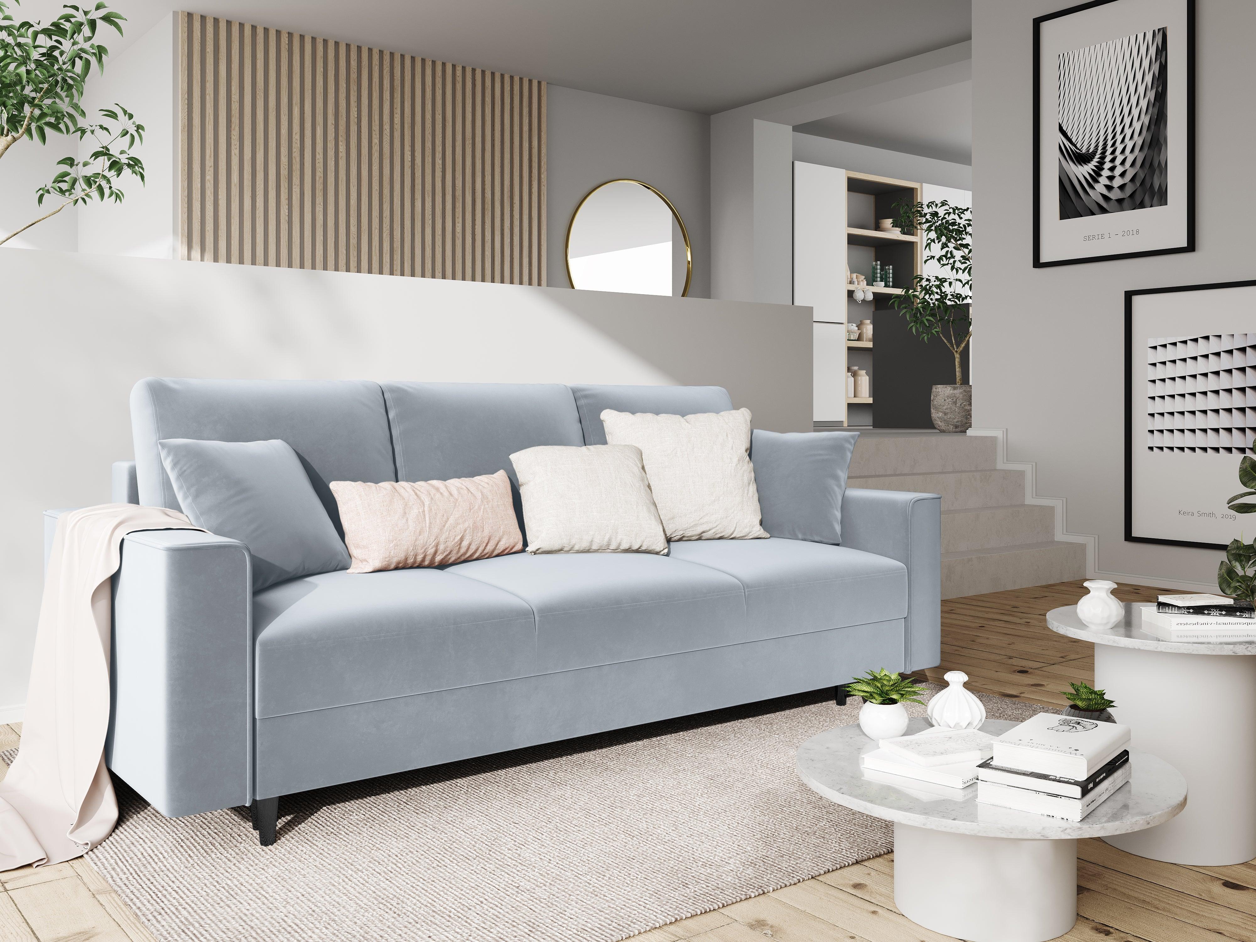 Sofa aksamitna z funkcją spania CARTADERA błękitny z czarną podstawą, Mazzini Sofas, Eye on Design