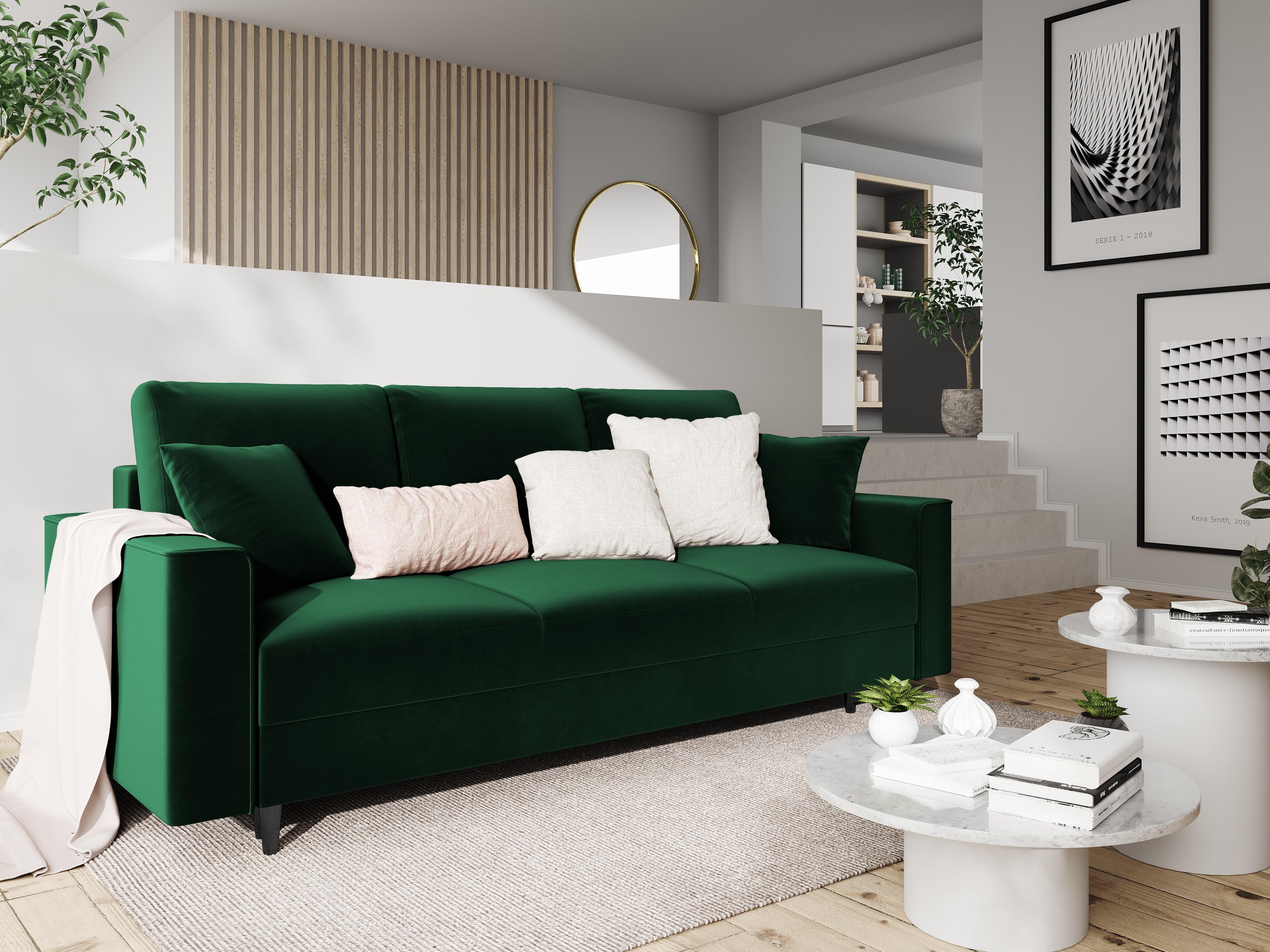 Sofa aksamitna z funkcją spania CARTADERA butelkowa zieleń z czarną podstawą, Mazzini Sofas, Eye on Design