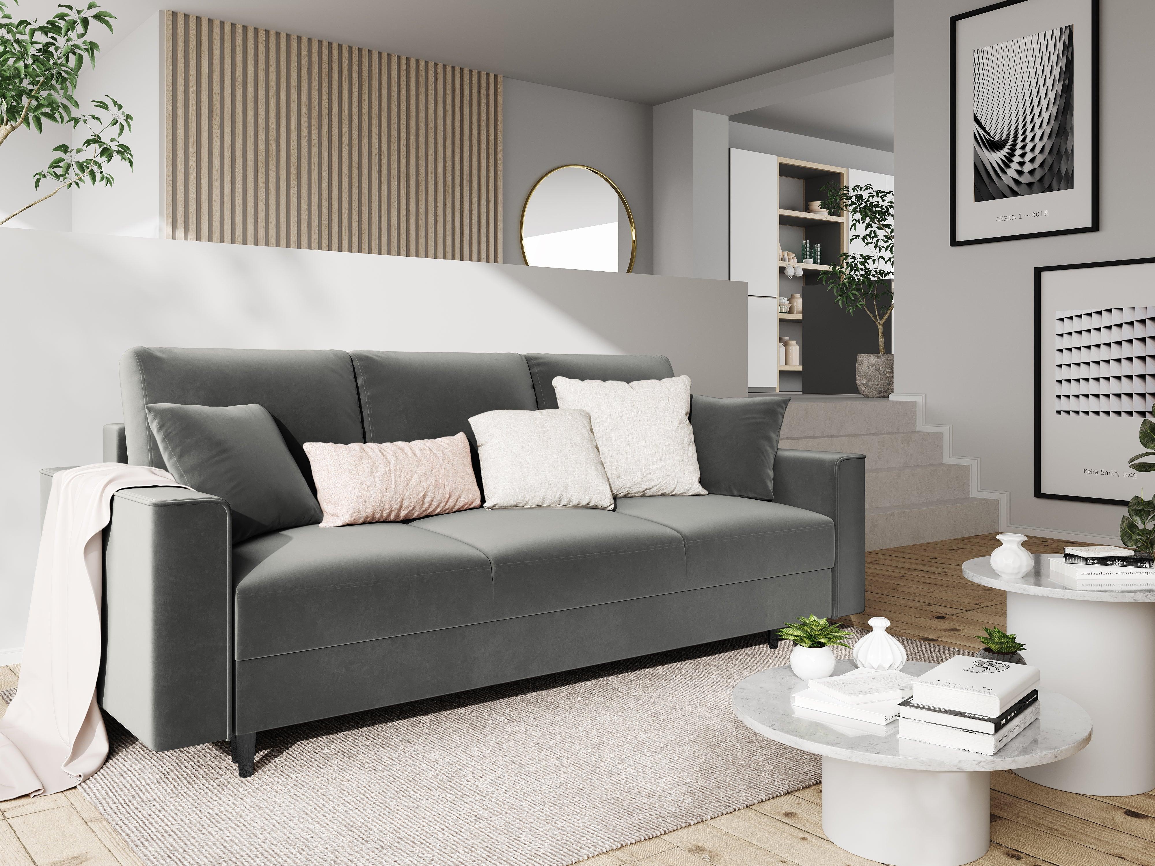 Sofa aksamitna z funkcją spania CARTADERA jasnoszary z czarną podstawą, Mazzini Sofas, Eye on Design