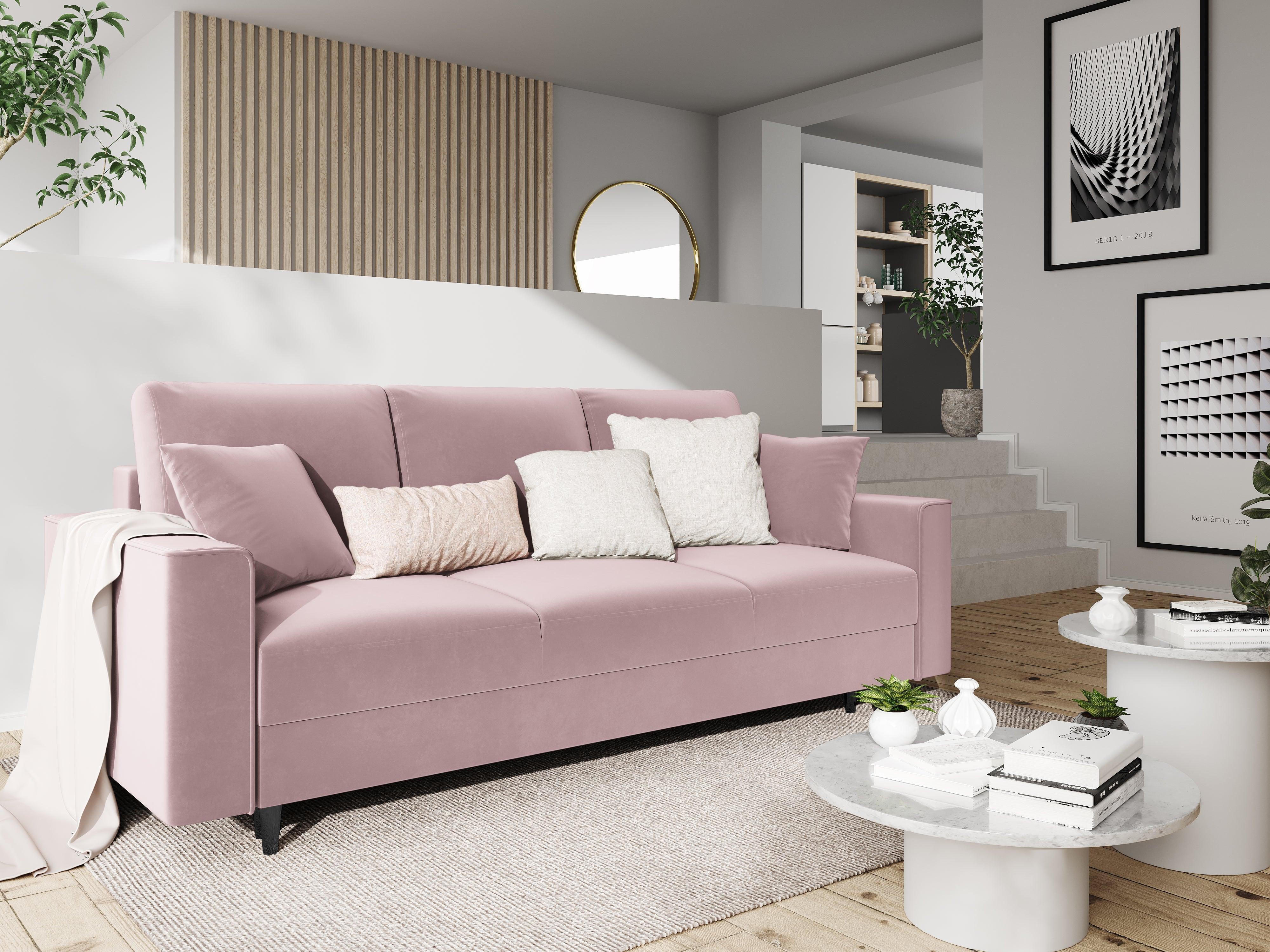 Sofa aksamitna z funkcją spania CARTADERA pudrowy róż z czarną podstawą, Mazzini Sofas, Eye on Design